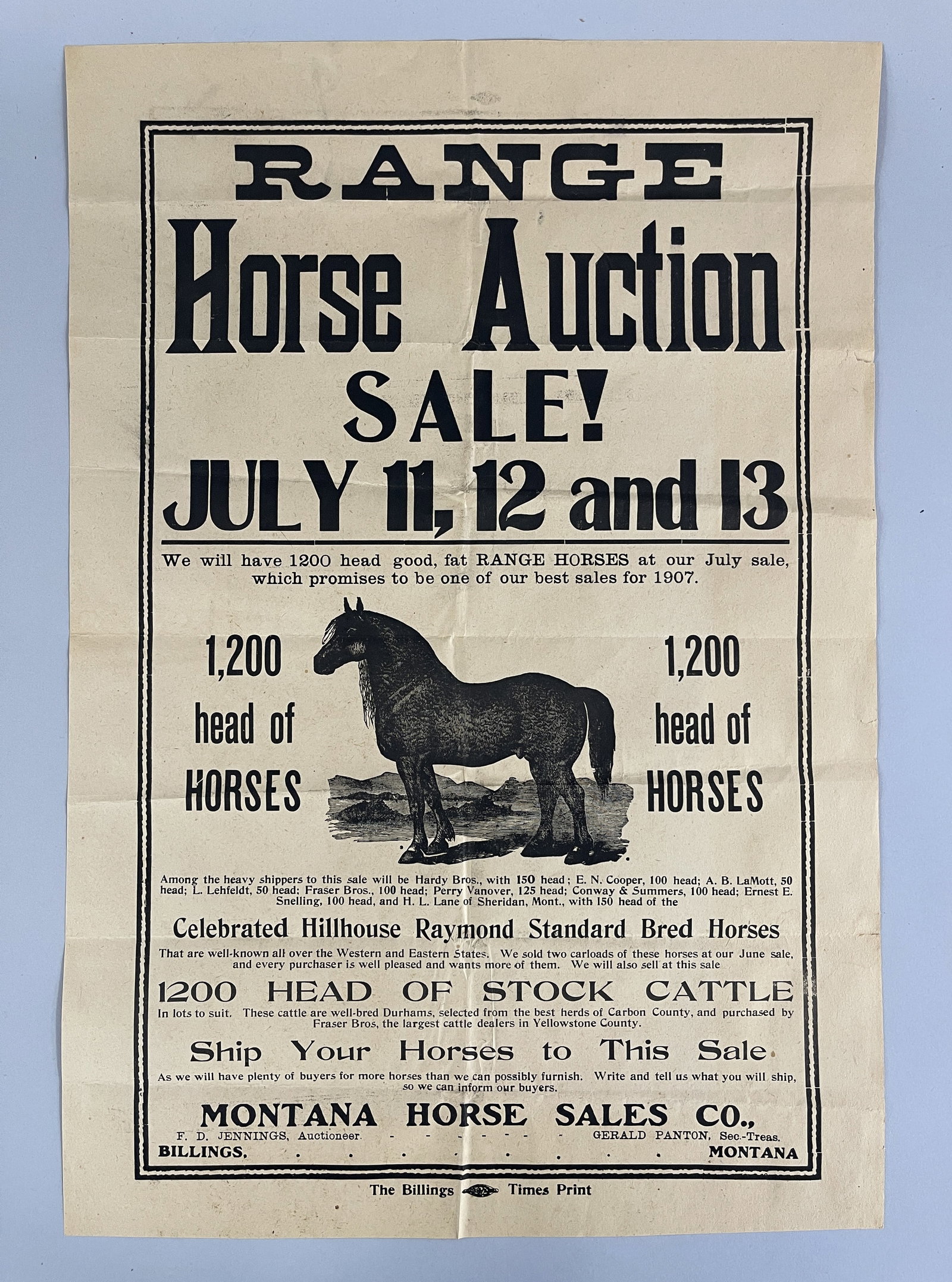 HORSE AUCTION BROADSIDE: HORSE AUCTION BROADSIDE DATED 1907, MONTANA, GOOD GRAPHICS, EXCELLENT CONDITION.