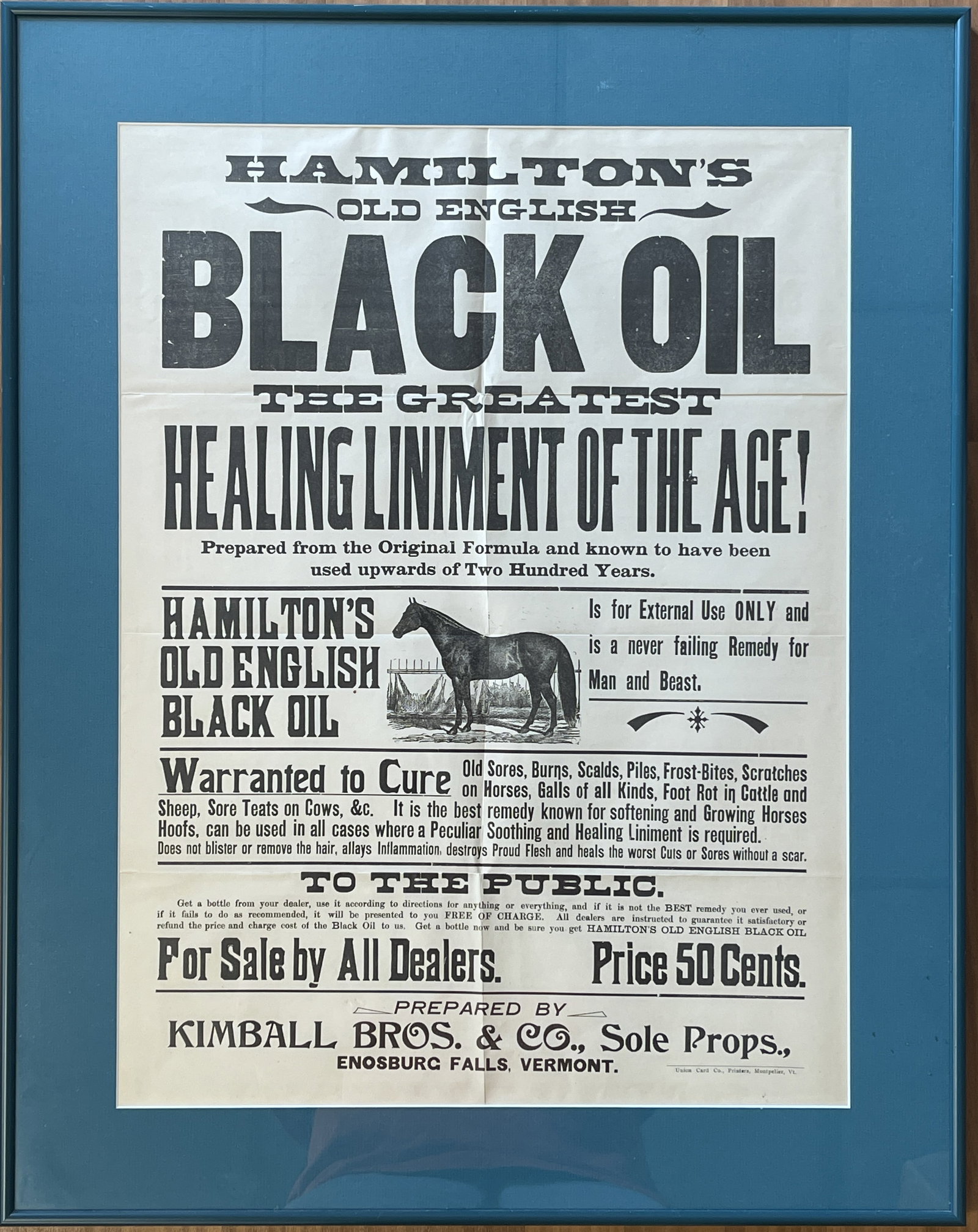 BROADSIDE; HAMILTON’S BLACK OIL: BROADSIDE; HAMILTON’S BLACK OIL NICE GRAPHICS, MID – LATE 19TH C, MODERN FRAMED, FOLD LINE, EXCELLENT CONDITION.