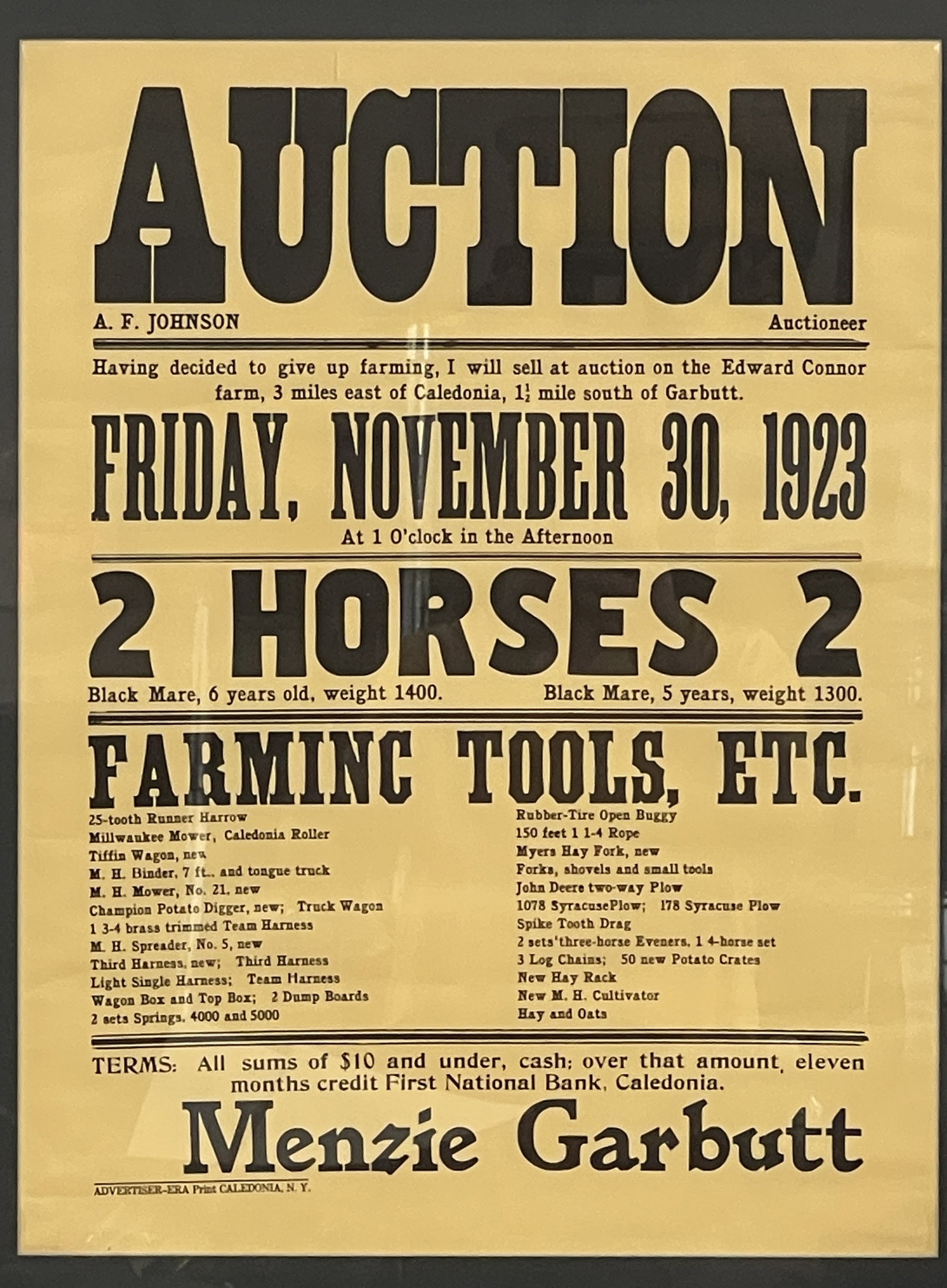 BROADSIDE; 2 HORSE AUCTION: BROADSIDE; 2 HORSE AUCTION DATED 1923, MODERN FRAMED, EXCELLENT CONDITION.