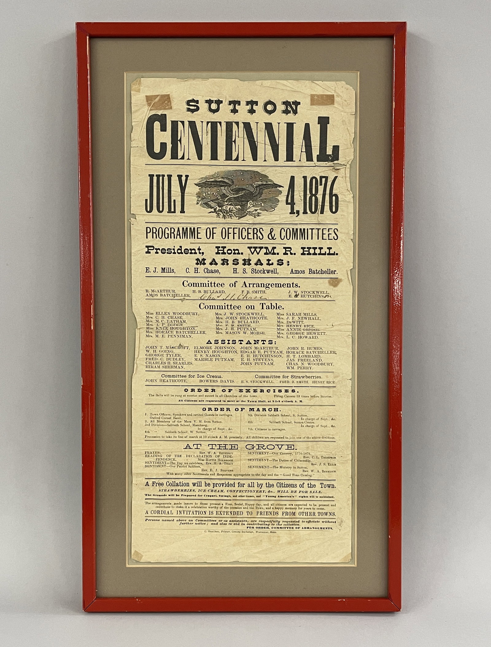 JULY 4, 1876 CENTENNIAL BROADSIDE: JULY 4, 1876 CENTENNIAL BROADSIDE RARE SUBJECT, EDGE WEAR DAMAGE, MODERN FRAMED, GOOD CONDITION.
