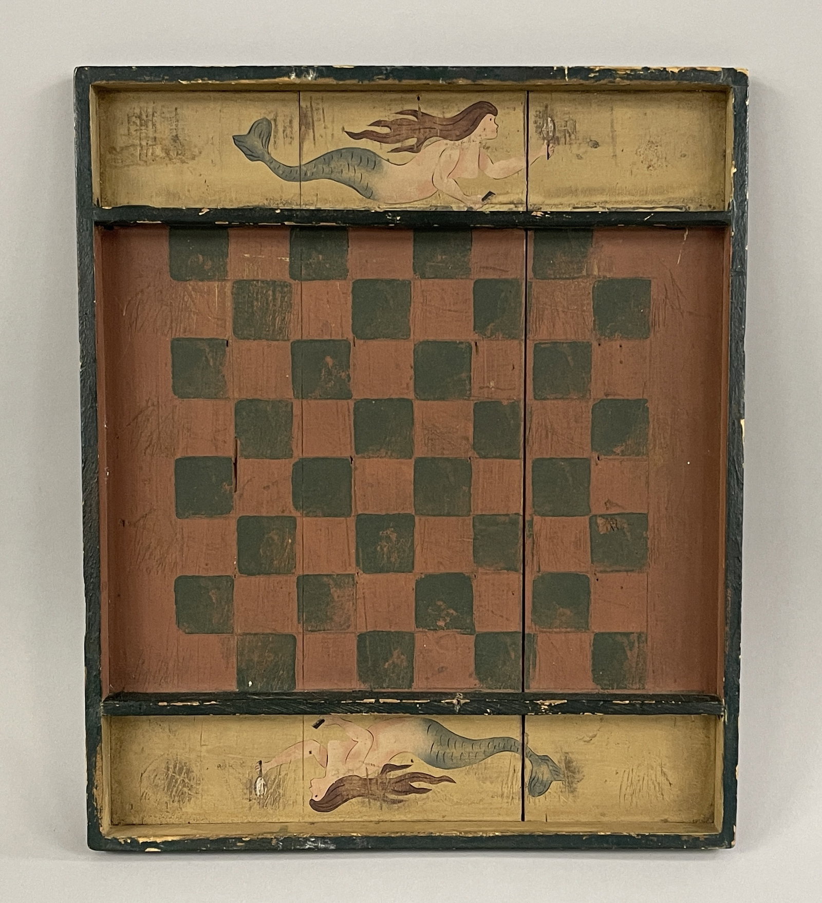 MERMAIDS DECORATED GAMEBOARD: MERMAIDS DECORATED GAMEBOARD ORIGINAL PAINT, PINE, C 1900, EXCELLENT CONDITION.