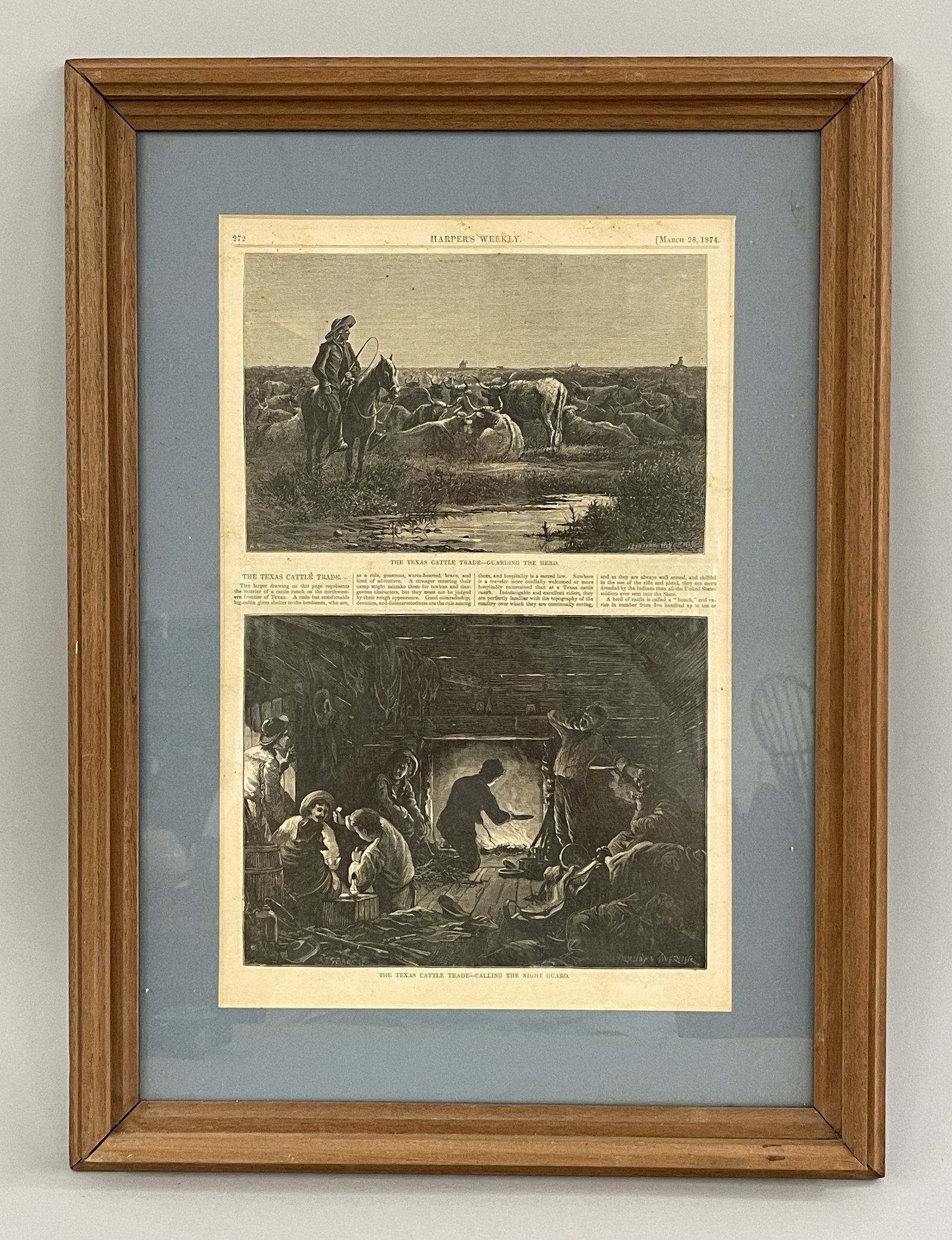 1874 HARPER’S WEEKLY PAGE: 1874 HARPER’S WEEKLY PAGE WONDERFUL COWBOY SCENE GRAPHICS, MODERN FRAMED, EXCELLENT CONDITION.