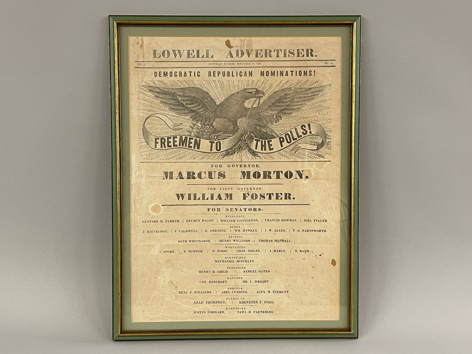 “FREEMEN TO THE POLLS?? BROADSIDE: “FREEMEN TO THE POLLS” BROADSIDE 100-200 DATED 1837, FOLD LINE, CREASES, MODERN FRAMED, GOOD CONDITION.