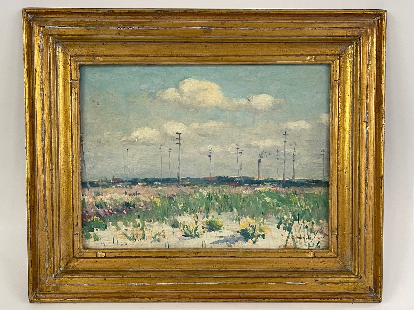 SHORE SCENE PAINTING: SHORE SCENE PAINTING DATED 1915, OILS ON PINE PANEL, EXCELLENT CONDITION.