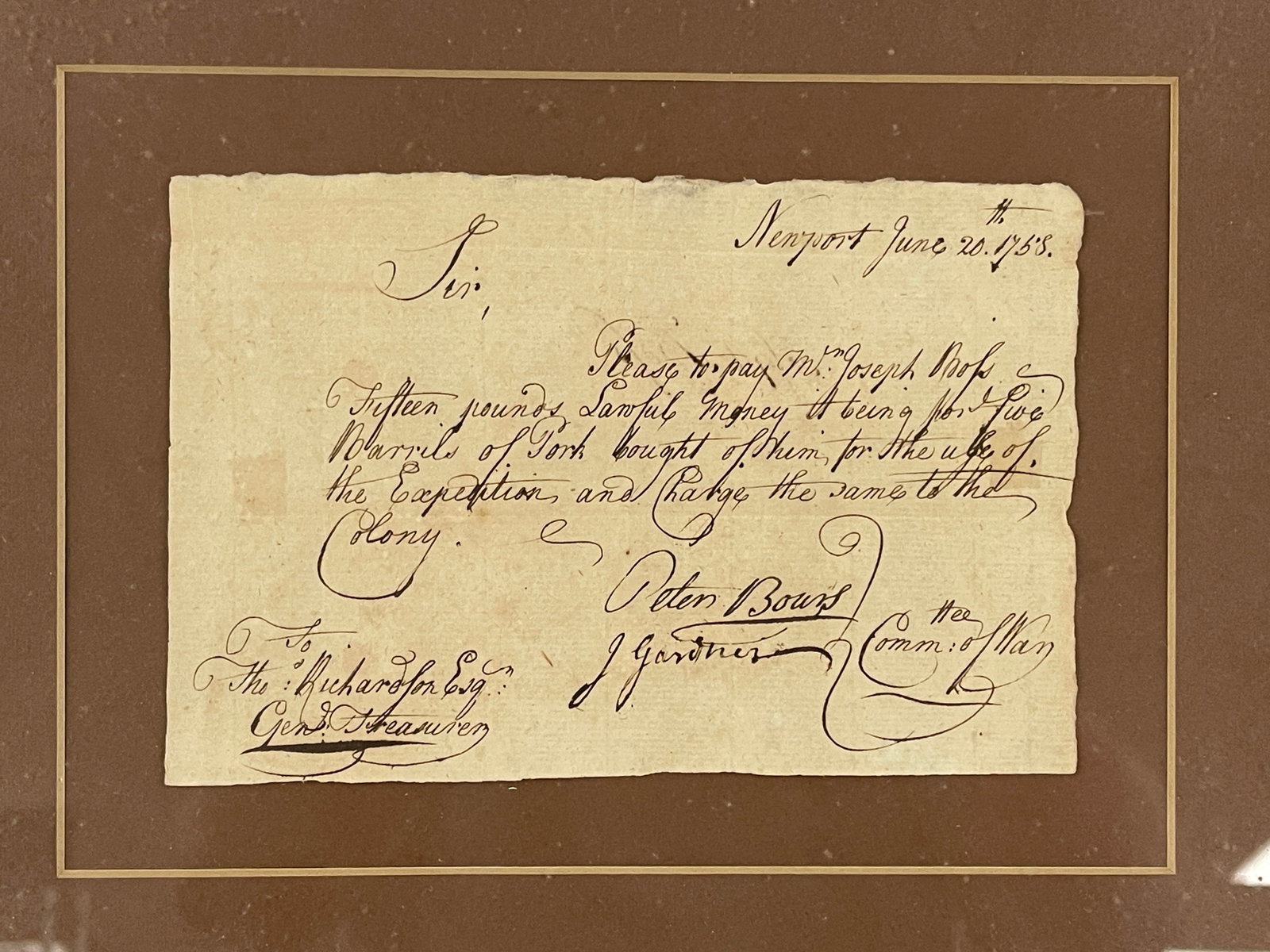 1758 NEWPORT, RI INVOICE: 1758 NEWPORT, RI INVOICE FOLD LINES, FOXING, MODERN FRAMED, GOOD CONDITION.