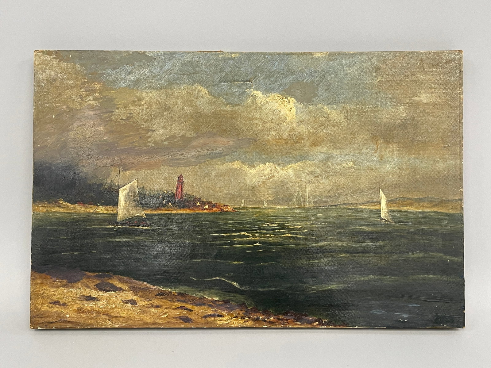 LIGHTHOUSE WITH SAILBOATS PAINTING: LIGHTHOUSE WITH SAILBOATS PAINTING O/C, LATE 19TH C, REPAIRED TEAR LS, UNFRAMED, GOOD CONDITION.
