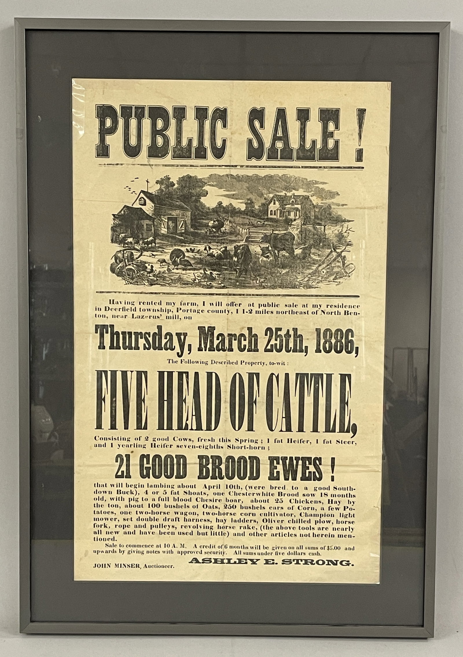 BROADSIDE, LIVESTOCK SALE: BROADSIDE, LIVESTOCK SALE DATED 1886, NICE GRAPHICS, MODERN FRAMED, EXCELLENT CONDITION.