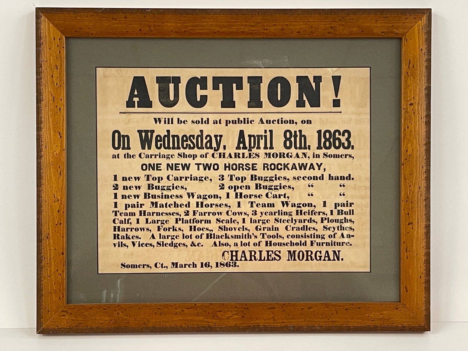 AUCTION BROADSIDE: AUCTION BROADSIDE DATED 1863, PERIOD FRAME, EXCELLENT CONDITION.