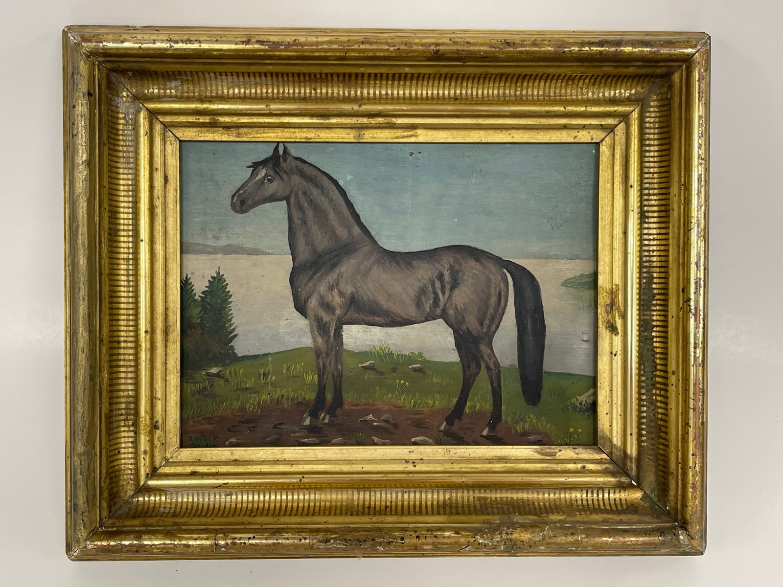 HORSE PAINTING: HORSE PAINTING ON/PAPER, MID 19TH C, PERIOD GILT FRAME, EXCELLENT CONDITION.