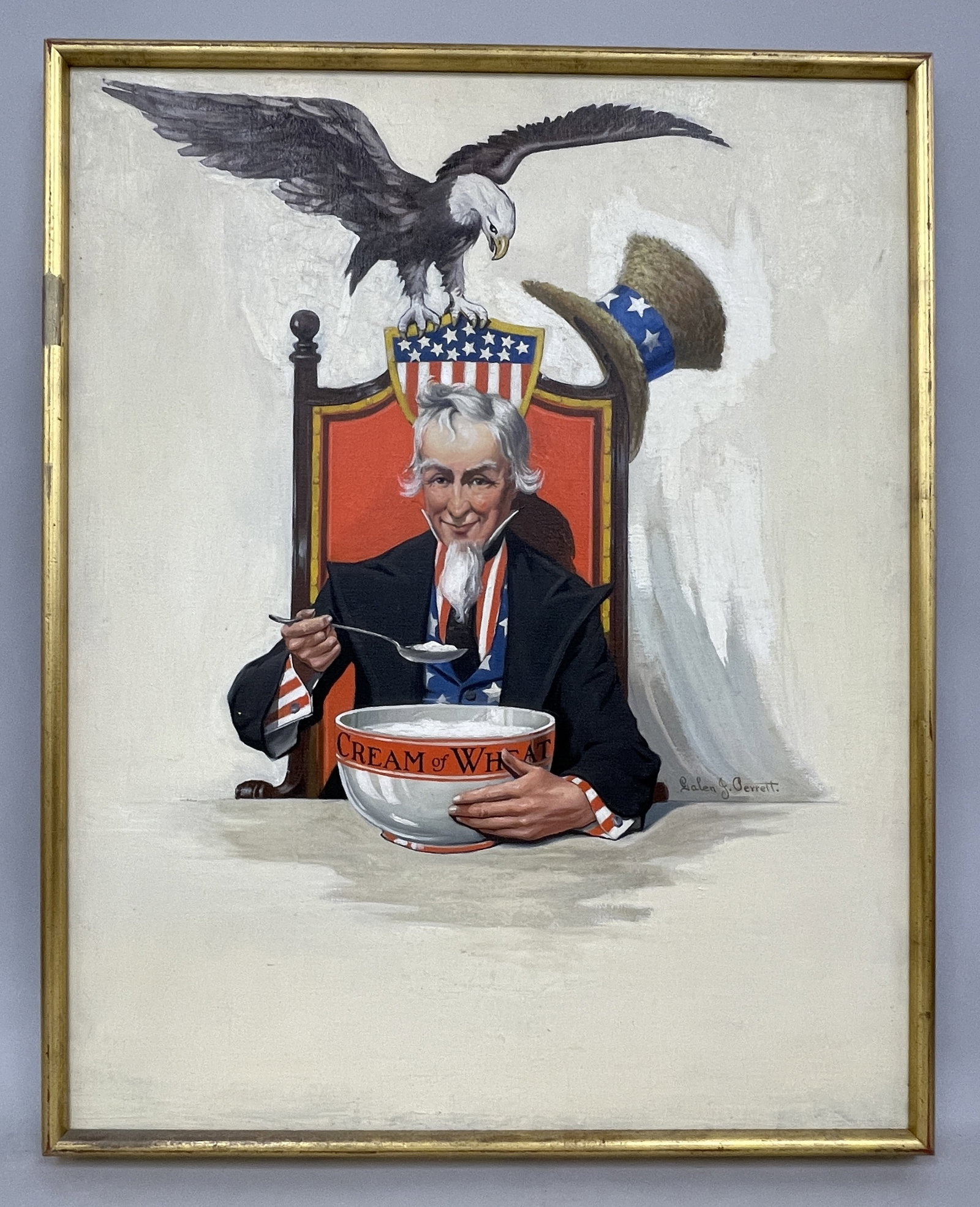 PATRIOTIC CREAM OF WHEAT AD PAINTING: PATRIOTIC CREAM OF WHEAT AD PAINTING IMPORTANT 1917 O/C ORIGINAL NATIONAL MAGAZINE PUBLISHED AD FOR CREAM OF WHEAT, BY GJ PERRETT (1875-1949), TITLED “PREPAREDNESS”. ILLUSTRATED P 93, CREAM