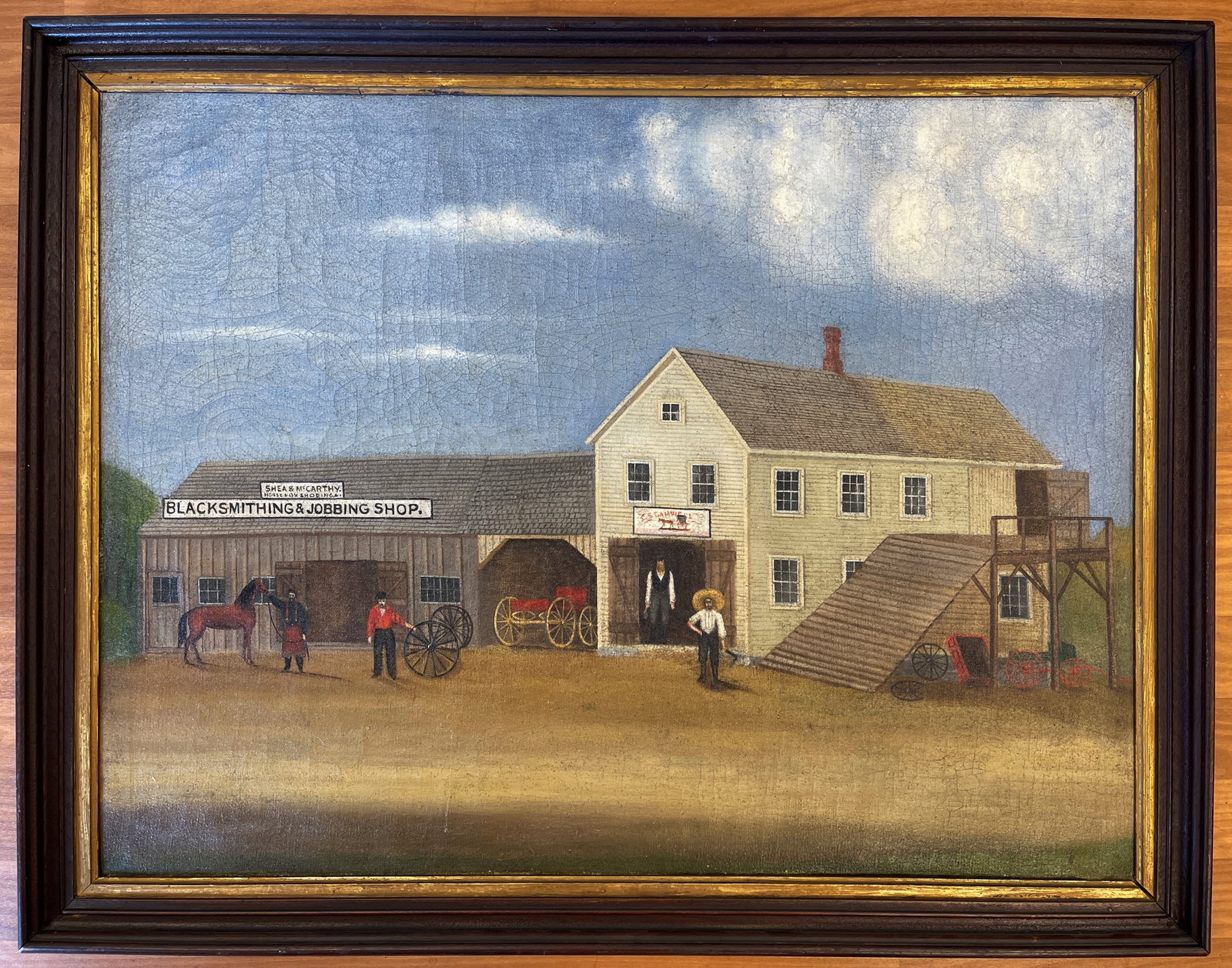 WONDERFUL BLACKSMITH SHOP PAINTING: WONDERFUL BLACKSMITH SHOP PAINTING O/C, 19TH C, TERRIFIC DETAIL & COLOR, ORIGINAL FRAME, CANVAS EDGE STRIP LINED