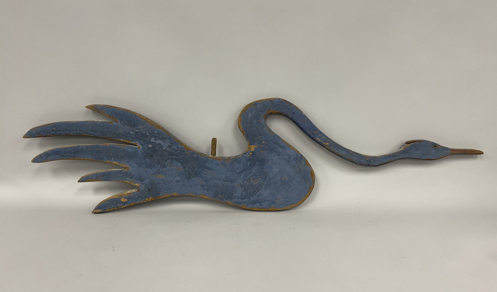 IMPORTANT HERON WEATHERVANE: IMPORTANT HERON WEATHERVANE 19TH C, PINE, VIBRANT ORIGINAL CRUSTY PAINT SEE THE ART OF THE WEATHERVANE, MILLER, P 106-7 FOR SIMILAR.