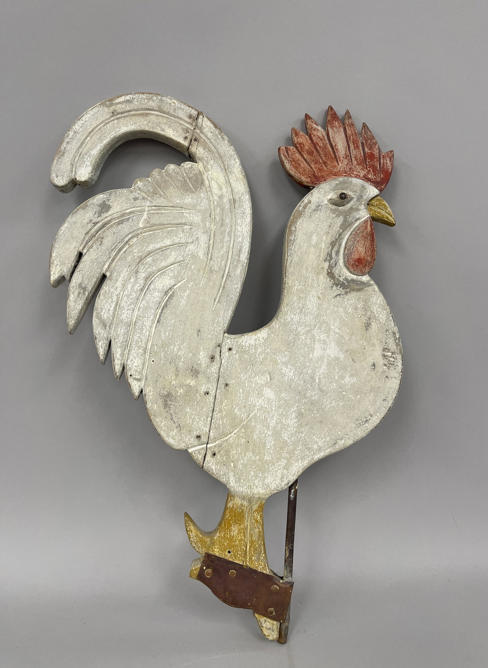 ROOSTER WEATHERVANE: ROOSTER WEATHERVANE 19TH C, PINE, RELIEF CARVED DETAILS, ORIGINAL PAINT, MINOR OLD REPAIRS, EXCELLENT CONDITION.