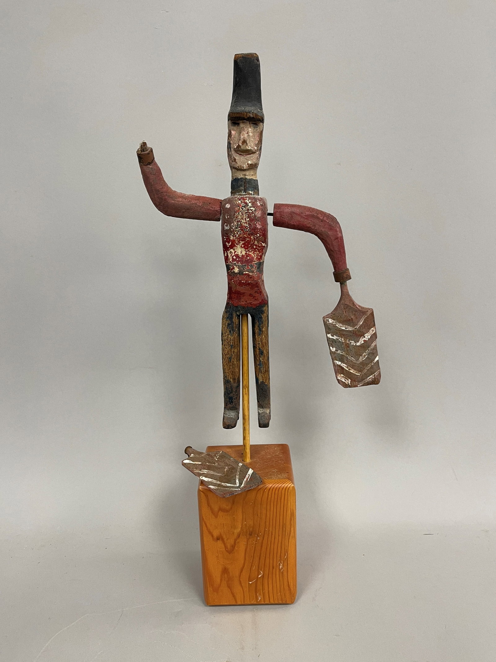 TRAIN CONDUCTOR WHIRLIGIG: TRAIN CONDUCTOR WHIRLIGIG 19TH C, PINE, WEATHERED ORIGINAL PAINT, MODERN BASE