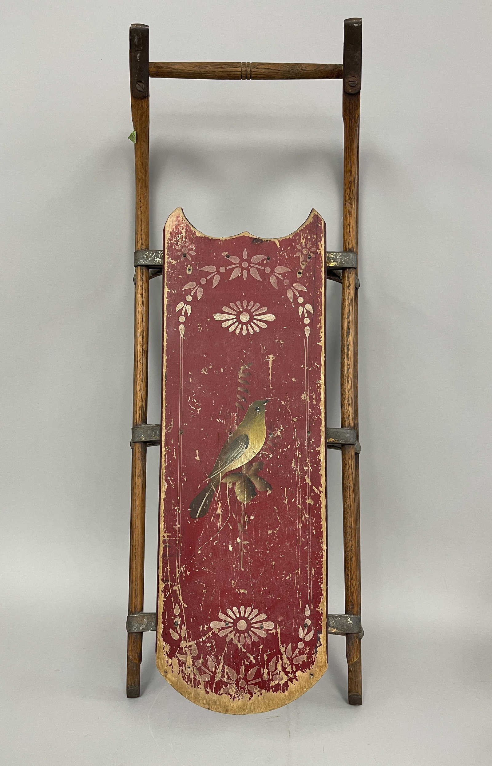 DECORATED CHILD SLED: DECORATED CHILD SLED LATE 19TH C, WOOD & IRON, BIRD DECORATED, MINOR PAINT WEAR, EXCELLENT CONDITION.
