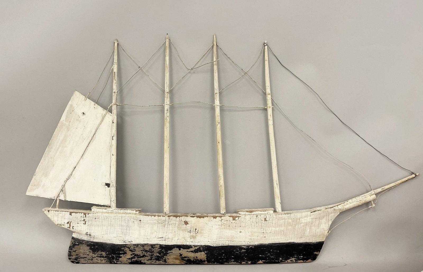 SCHOONER WEATHERVANE: SCHOONER WEATHERVANE C 1900, PINE & SHEET IRON, WEATHERED ORIGINAL PAINT, EXCELLENT CONDITION.