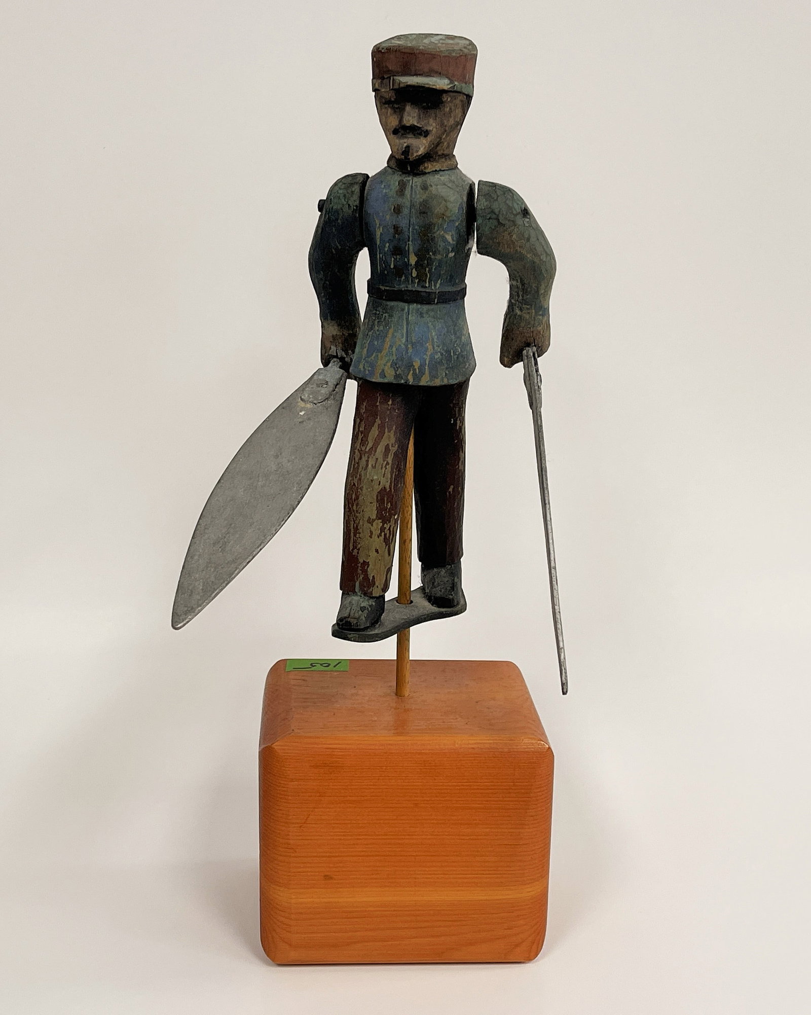 HESSIAN SOLDIER WHIRLIGIG: HESSIAN SOLDIER WHIRLIGIG LATE 19TH C, PINE, WEATHERED ORIGINAL PAINT, MODERN BASE, EXCELLENT CONDITION.
