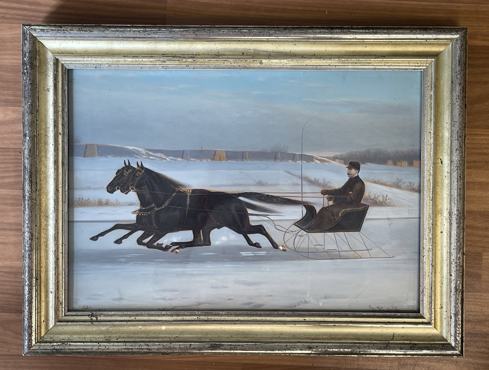SLEIGH RIDE PAINTING: SLEIGH RIDE PAINTING MID 19TH C, O/C, ORIGINAL GILDED FRAME, NOTED EQUESTRIAN PAINTER JOHN MCAULIFFE (1830-1900), VERY FINE, EXCELLENT CONDITION.