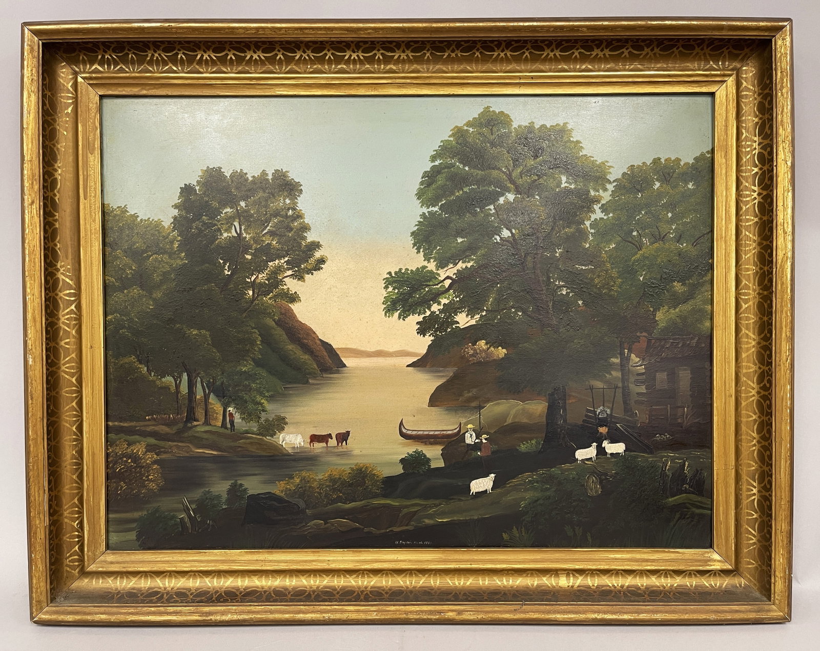 BUCOLIC LANDSCAPE PAINTING: BUCOLIC LANDSCAPE PAINTING O/AB, 19TH C, ORIGINAL GILDED FRAME, DEPICTING MAN WITH CANOE, SHEEP & COWS, EXCELLENT CONDITION.