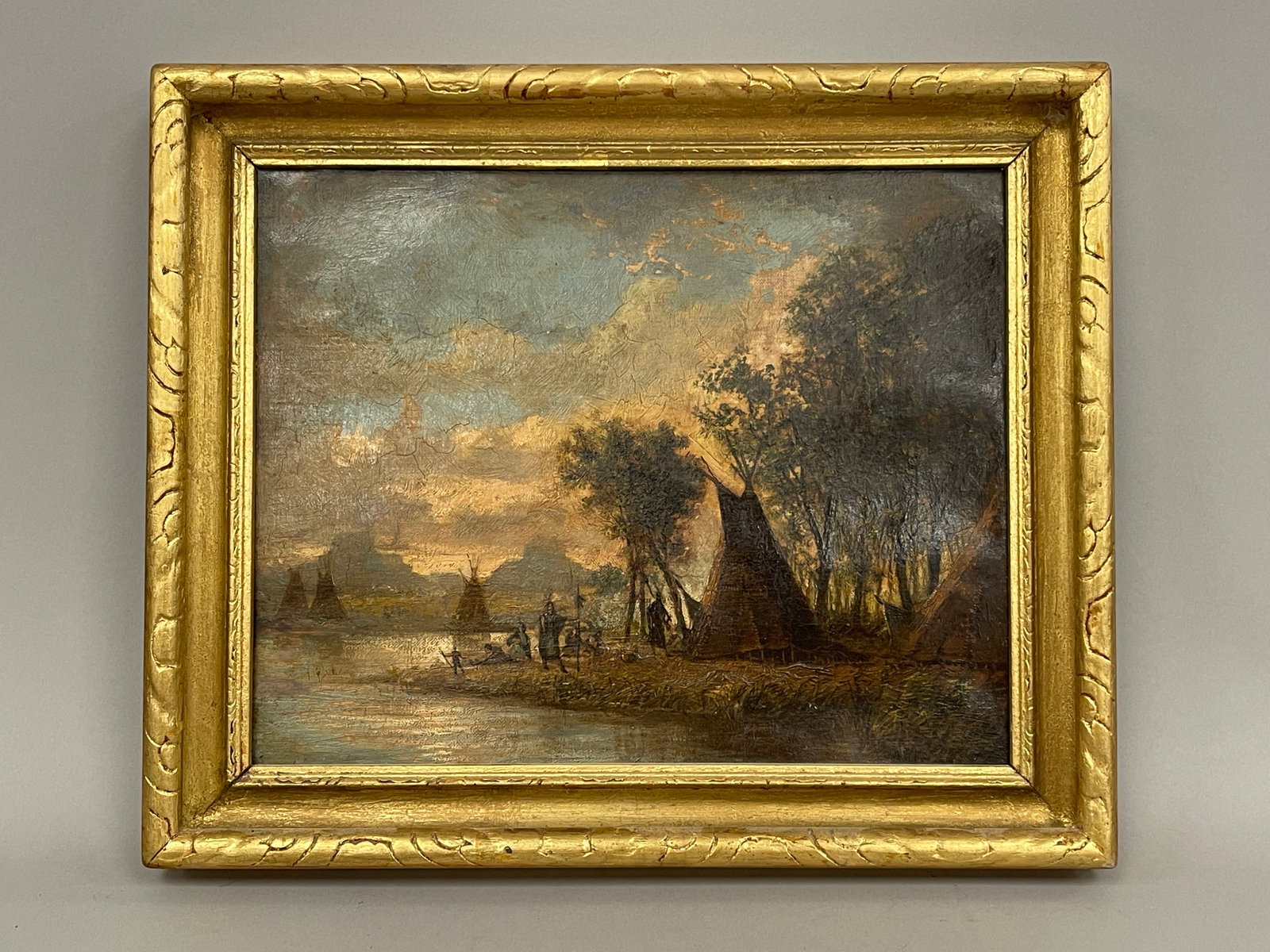 NATIVE ENCAMPMENT PAINTING: NATIVE ENCAMPMENT PAINTING O/AB, LATE 19TH C, ORIGINAL FRAME, EXCELLENT CONDITION.