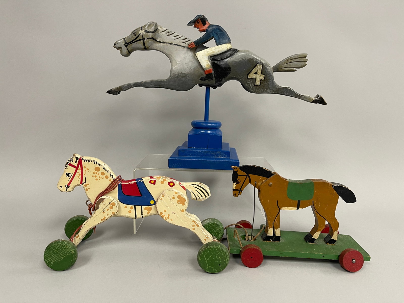 3 HORSE TOYS: 3 HORSE TOYS EARLY 20TH C, RACEHORSE WITH JOCKEY & TWO PULL TOYS, EXCELLENT CONDITION.
