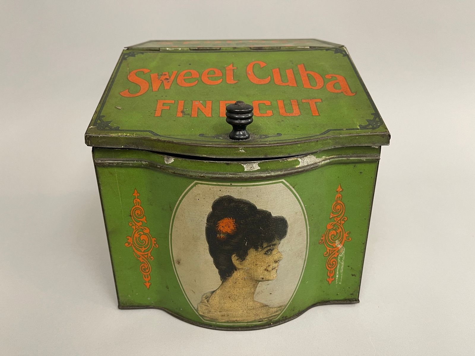 COUNTRY STORE TOBACCO TIN: COUNTRY STORE TOBACCO TIN LATE 19TH C, SHEET IRON, ORIGINAL LITHO SURFACES, “SWEET CUBA FINE CUT”, EXCELLENT CONDITION.