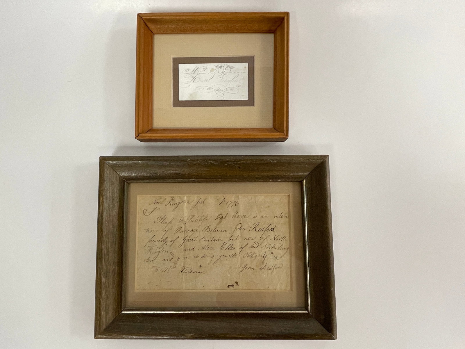 EARLY CALLIGRAPHY, JULY 4, 1776: EARLY CALLIGRAPHY, JULY 4, 1776 N. KINGSTON, RI MARRIAGE CERTIFICATE & WHIMSICAL SHEEP CALLIGRAPHY, BOTH MODERN FRAMED.