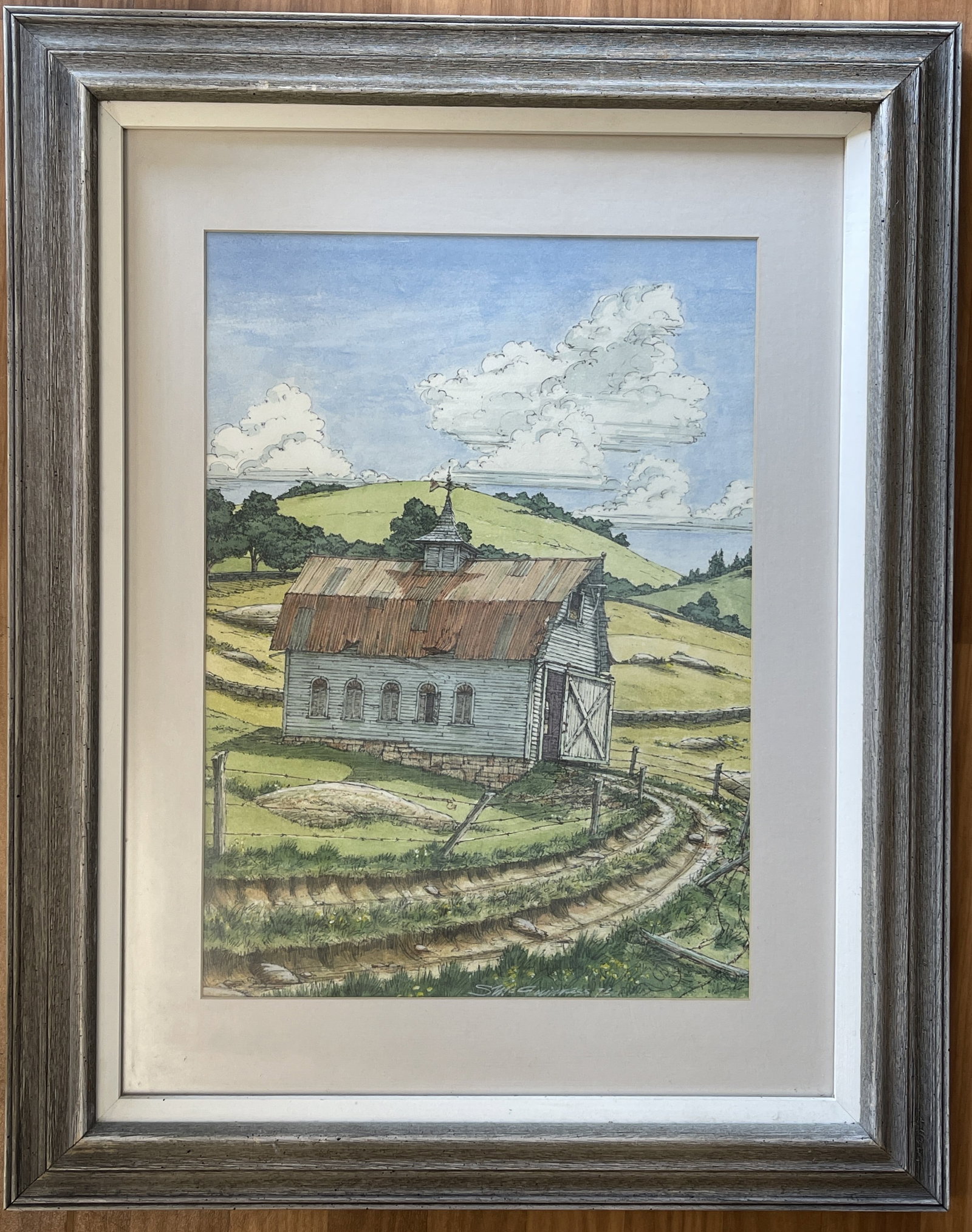 BARN LITHOGRAPH: BARN LITHOGRAPH MODERN, FRAMED, SIGNED S. MCGINNIS, EXCELLENT CONDITION.