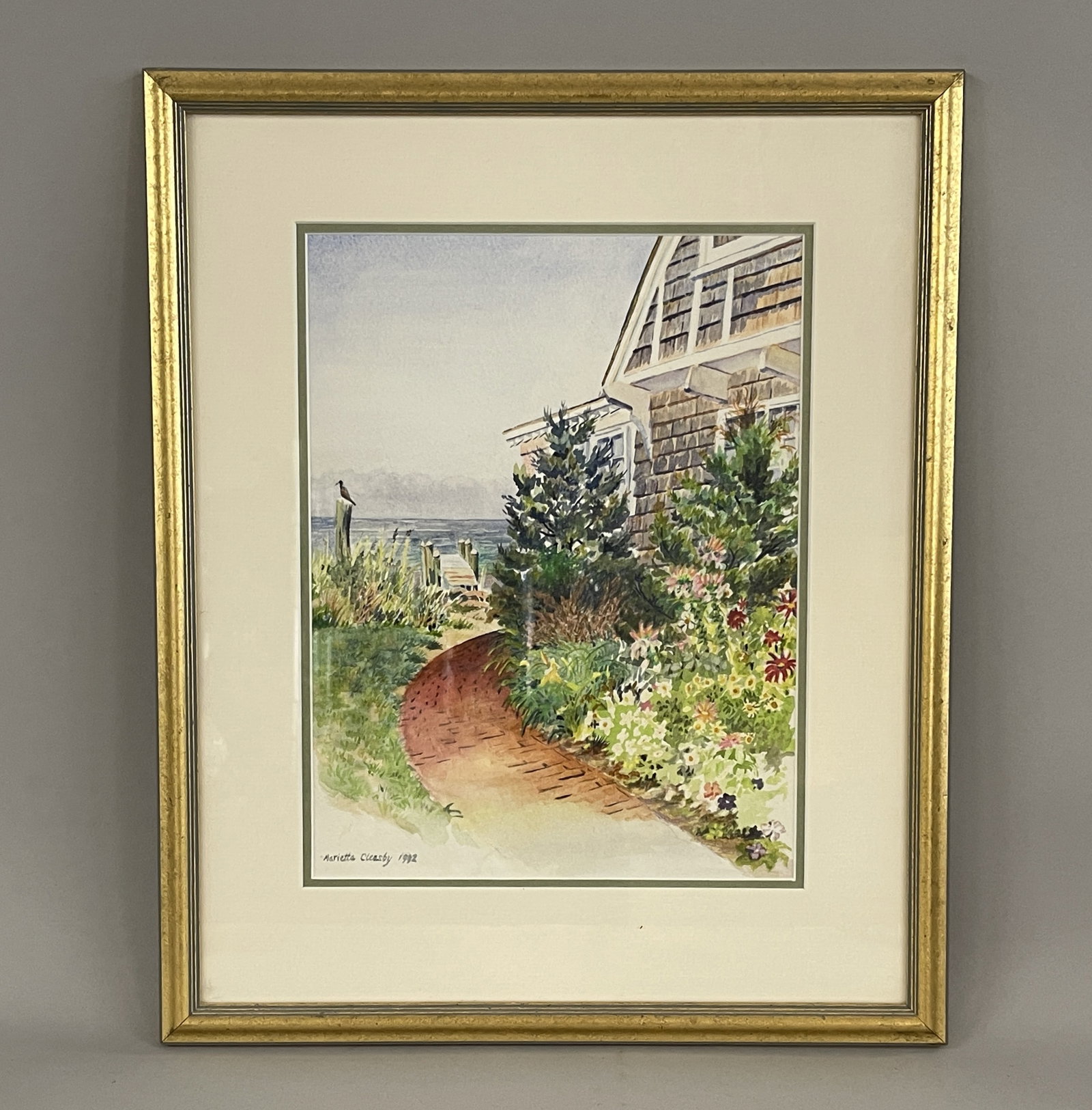 SEASIDE COTTAGE PAINTING: SEASIDE COTTAGE PAINTING WC, “APPROACHING FOG”, MARIETTA CLEASBY 1992, FRAMED, EXCELLENT CONDITION.