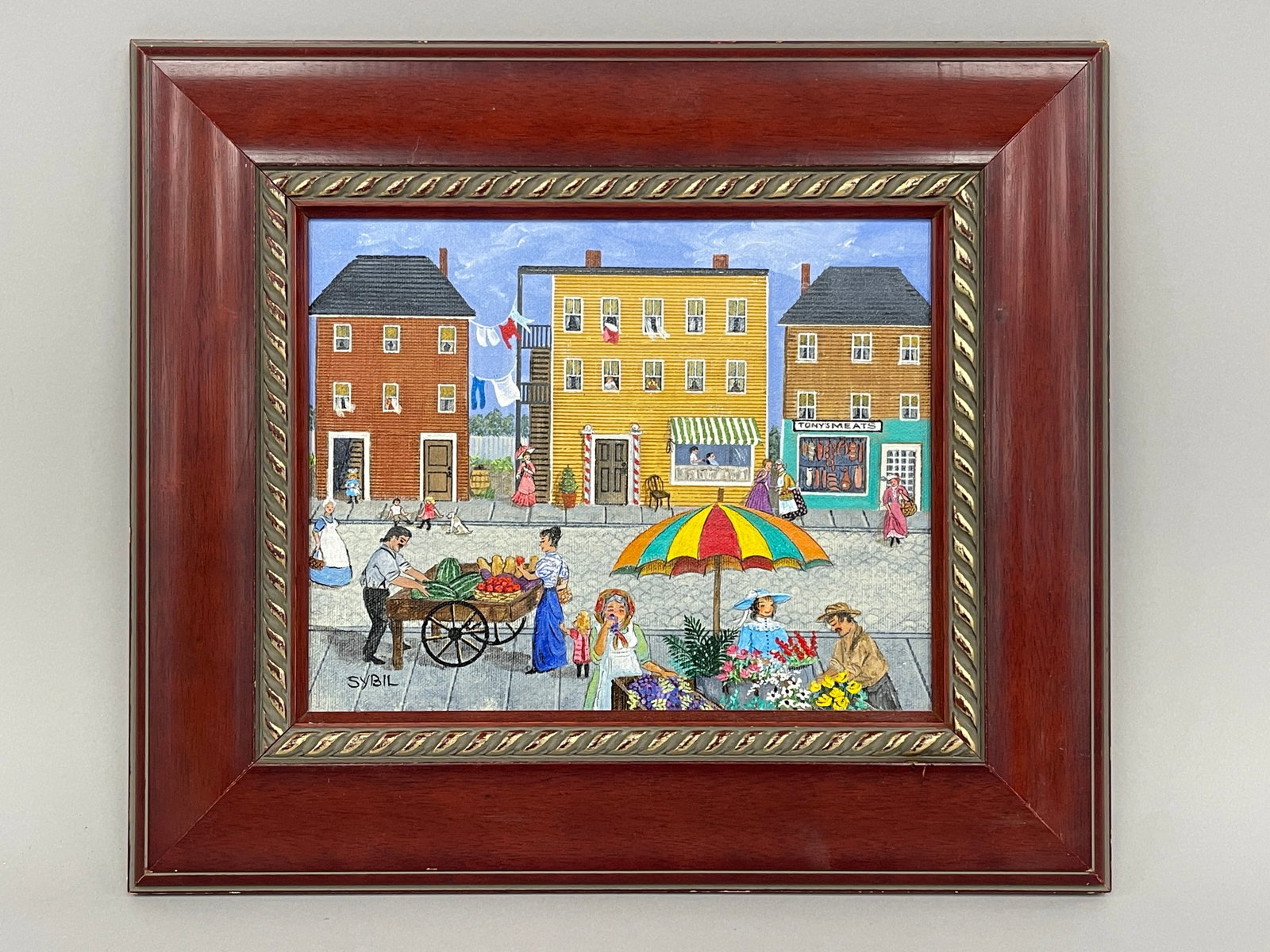 STREET VENDORS PAINTING: STREET VENDORS PAINTING MODERN, SIGNED SYBIL, FRAMED, EXCELLENT CONDITION.