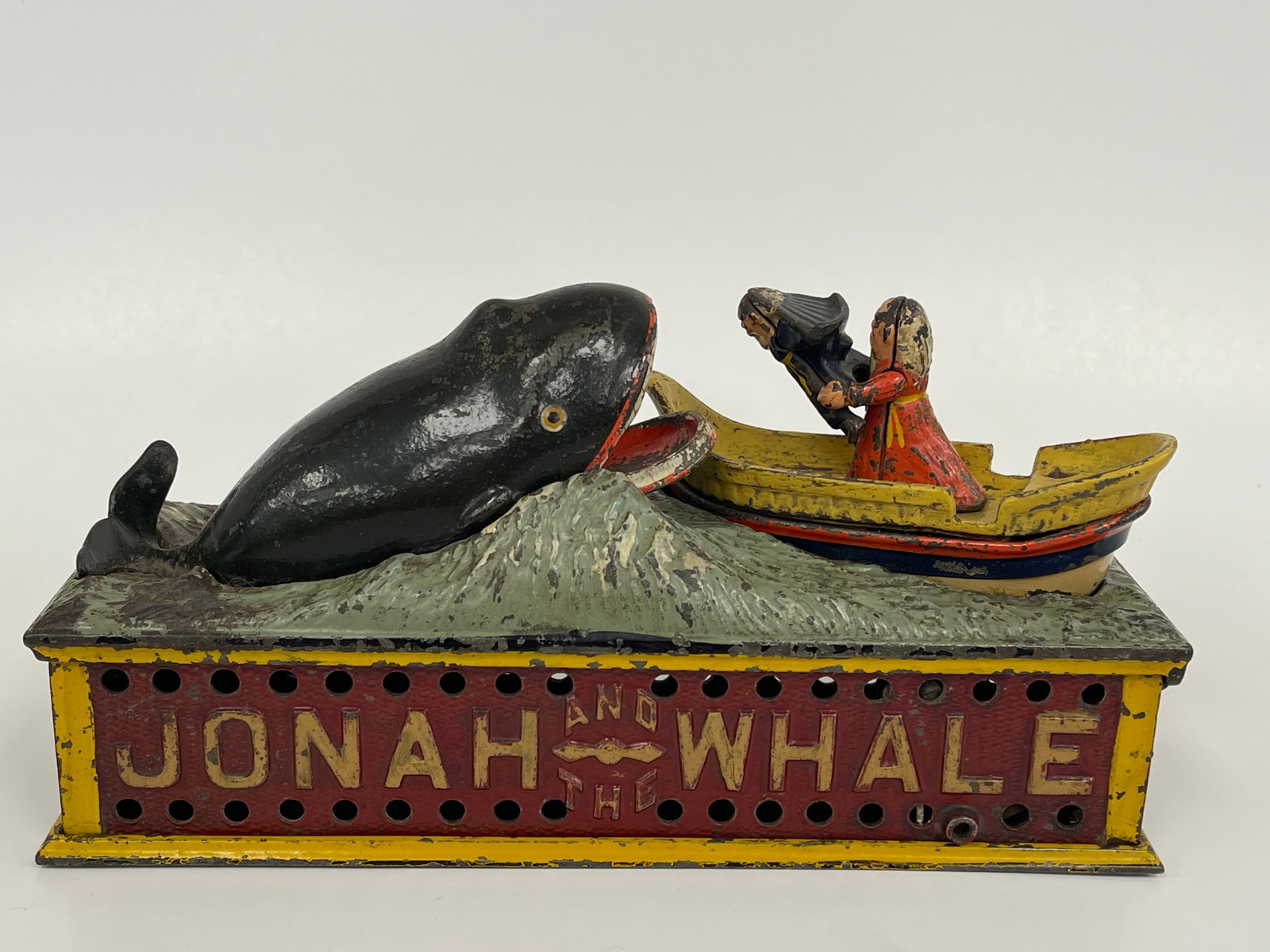 JONAH & THE WHALE MECHANICAL BANK: JONAH & THE WHALE MECHANICAL BANK PAT JULY 15, 1890, CAST IRON, EXCELLENT CONDITION.