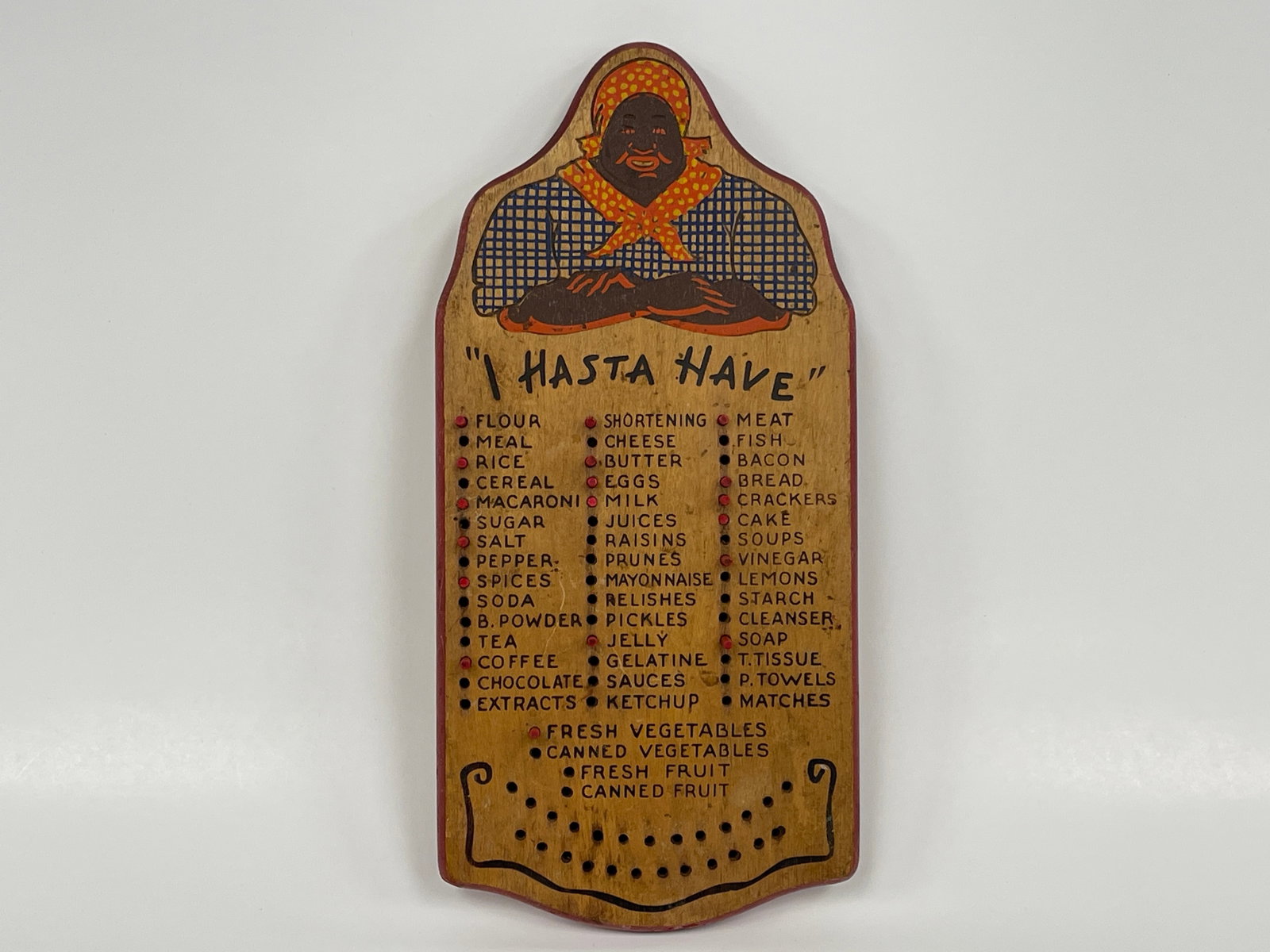 GROCERY LIST PLAQUE: GROCERY LIST PLAQUE C 1920’S, WOOD, EXCELLENT CONDITION.