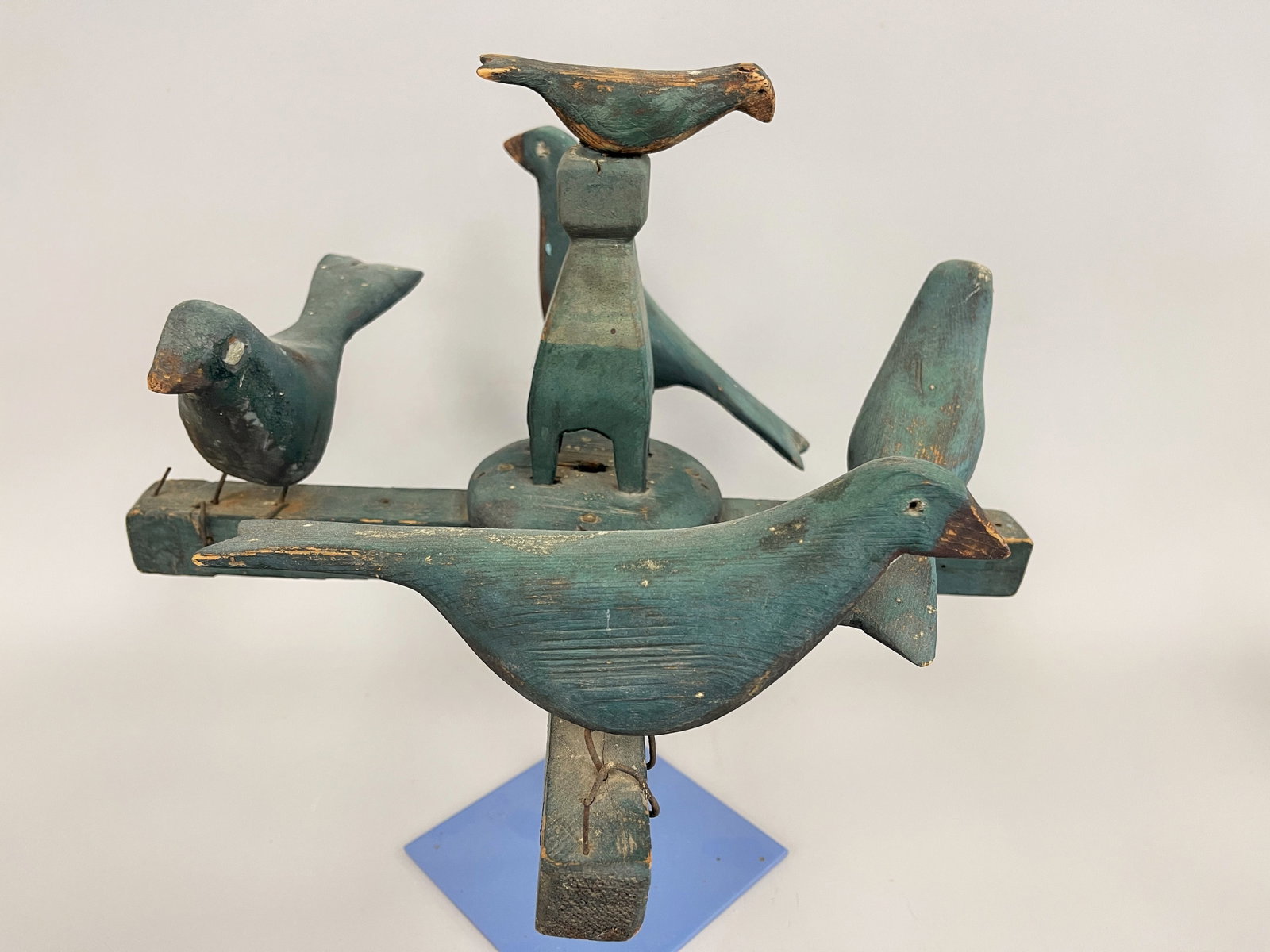 BLUE BIRDS WHIRLIGIG: BLUE BIRDS WHIRLIGIG C 1920’S, PINE, ORIGINAL PAINT, MODERN BASE, EXCELLENT CONDITION.