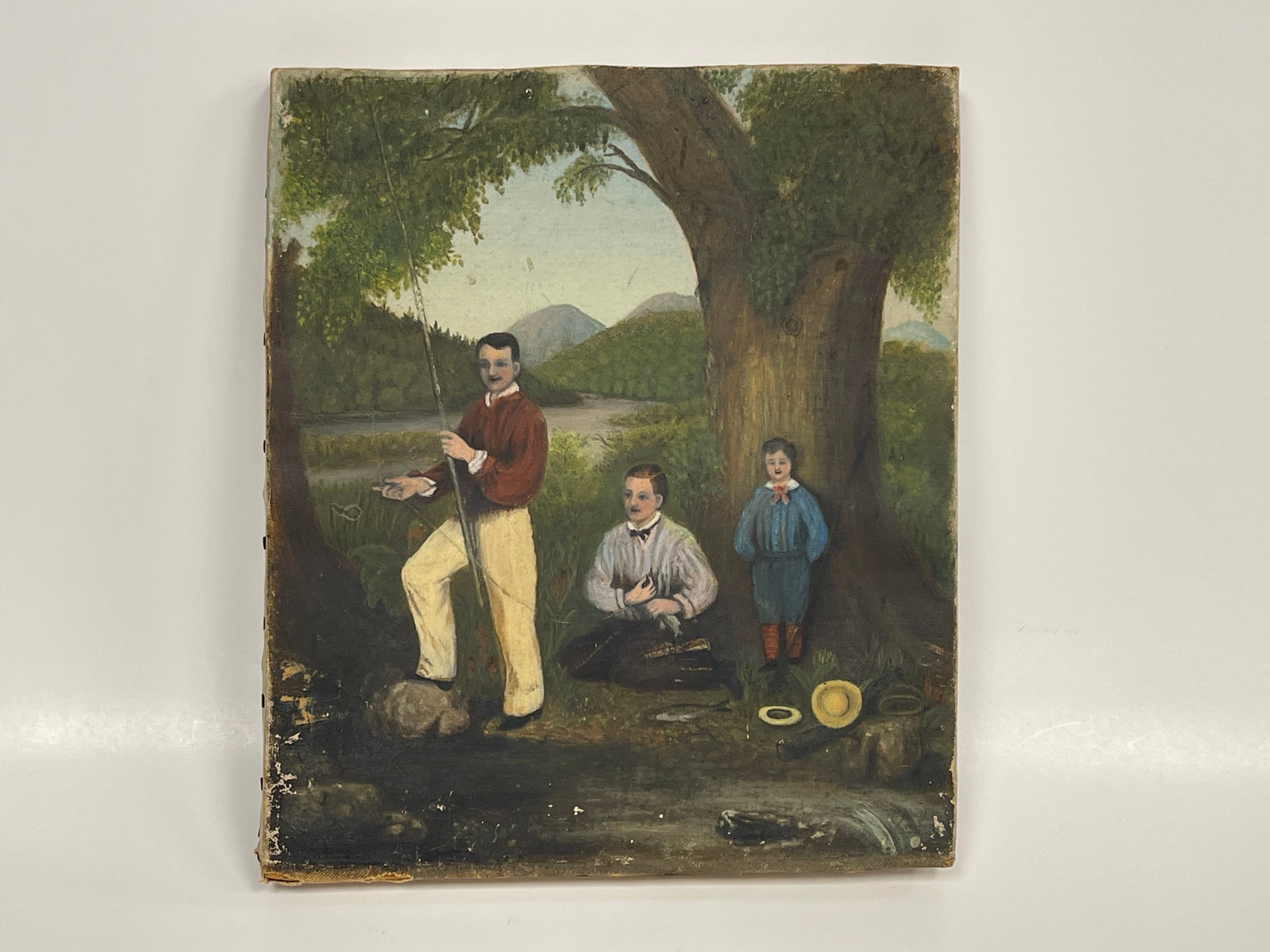 3 BOYS FISHING PAINTING: 3 BOYS FISHING PAINTING O/C, MID 19TG C, UNFRAMED, MINOR PERIMETER ABRASIONS, OVERALL EXCELLENT CONDITION.