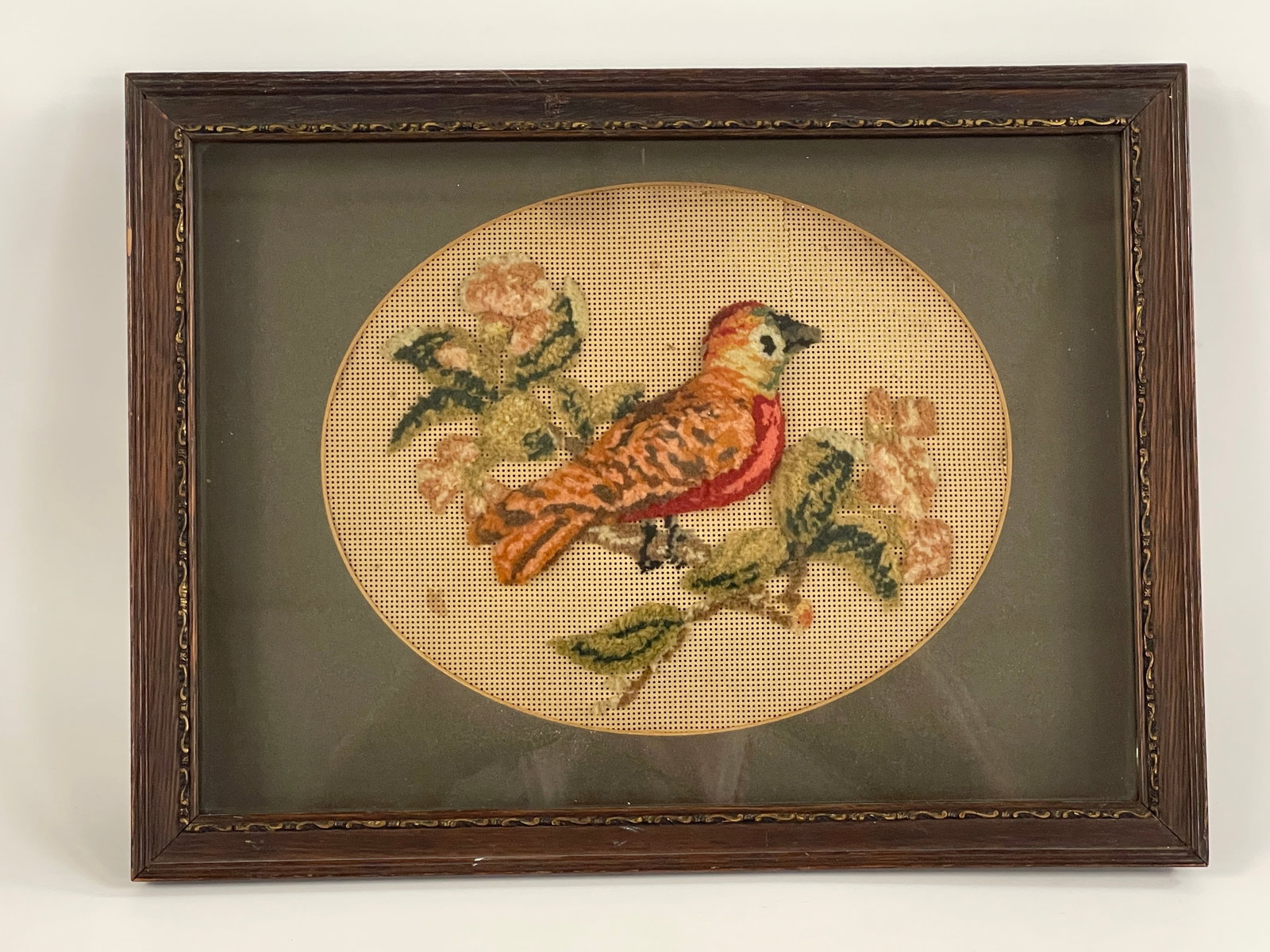 SONGBIRD STUMPWORK: SONGBIRD STUMPWORK MID 19TH C, FRAMED, EXCELLENT CONDITION.