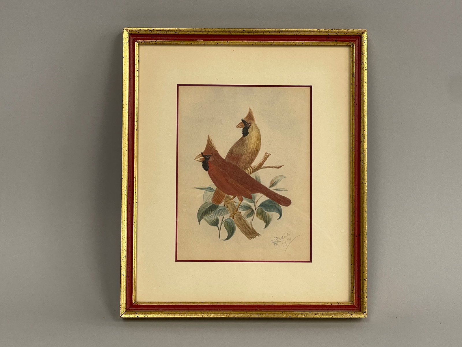 CARDINALS PAINTING: CARDINALS PAINTING DATED 1914, WC, MODERN FRAMED, EXCELLENT CONDITION.