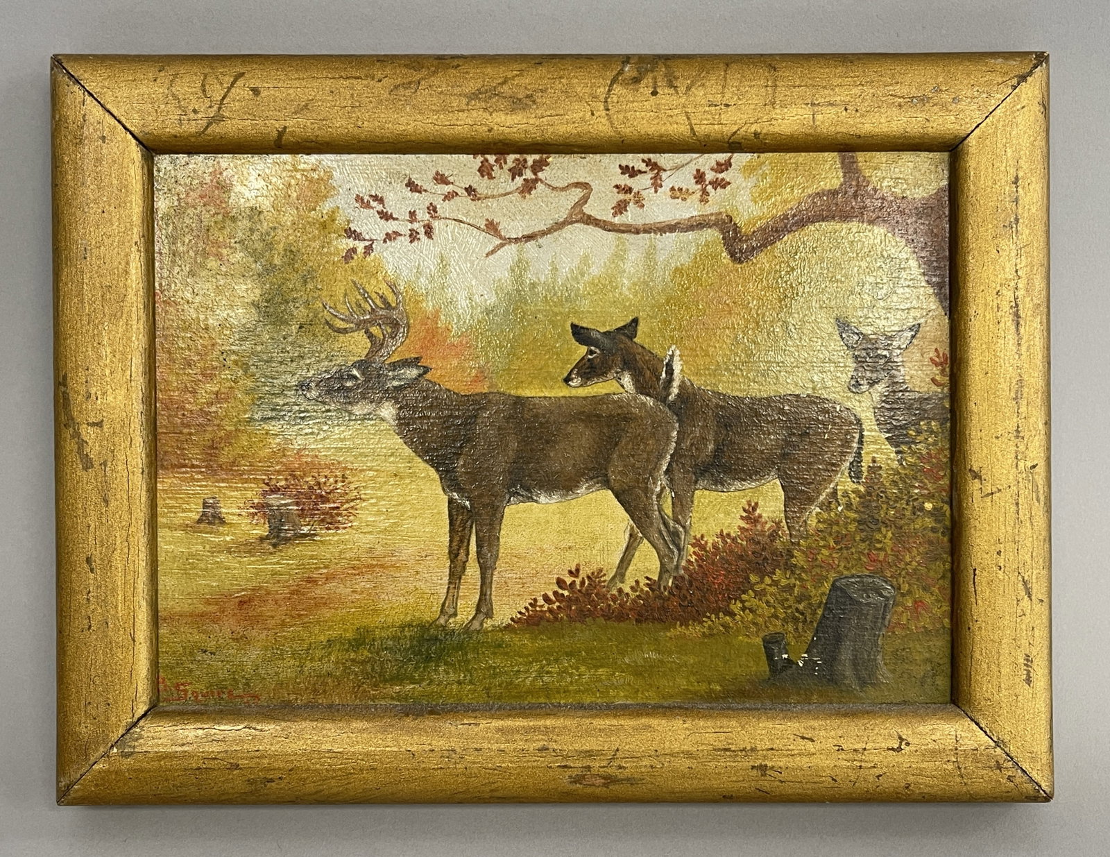 AUTUMN DEER PAINTING: AUTUMN DEER PAINTING O/AB, 19TH C, PERIOD FRAME, EXCELLENT CONDITION.