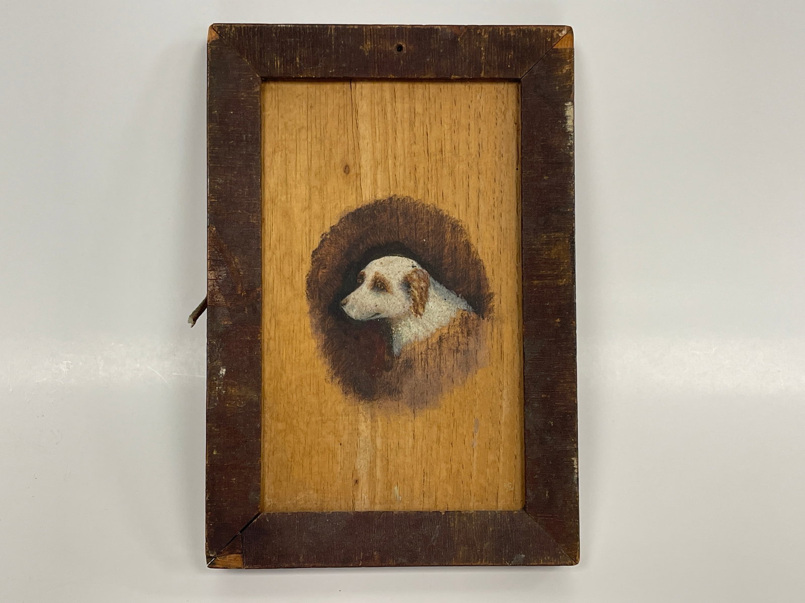 DOG PAINTING: DOG PAINTING ON/WOOD PANEL, 19TH C, PERIOD FRAME, EXCELLENT CONDITION.