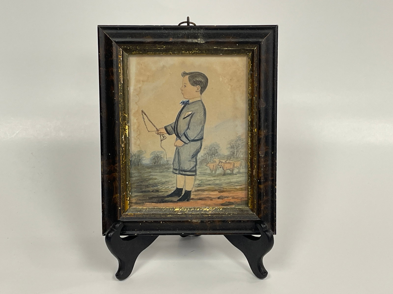 BOY WITH WHIP PAINTING: BOY WITH WHIP PAINTING WC/PAPER, MID 19TH C, ORIGINAL FRAME, EXCELLENT CONDITION.