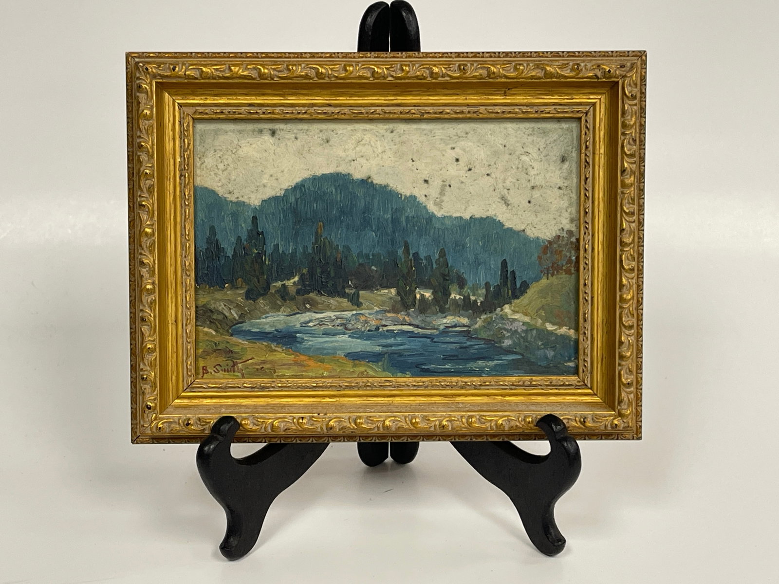 MOUNTAIN STREAM LANDSCAPE PAINTING: MOUNTAIN STREAM LANDSCAPE PAINTING ON WOOD PANEL, 19TH C, ORIGINAL FRAME, EXCELLENT CONDITION.