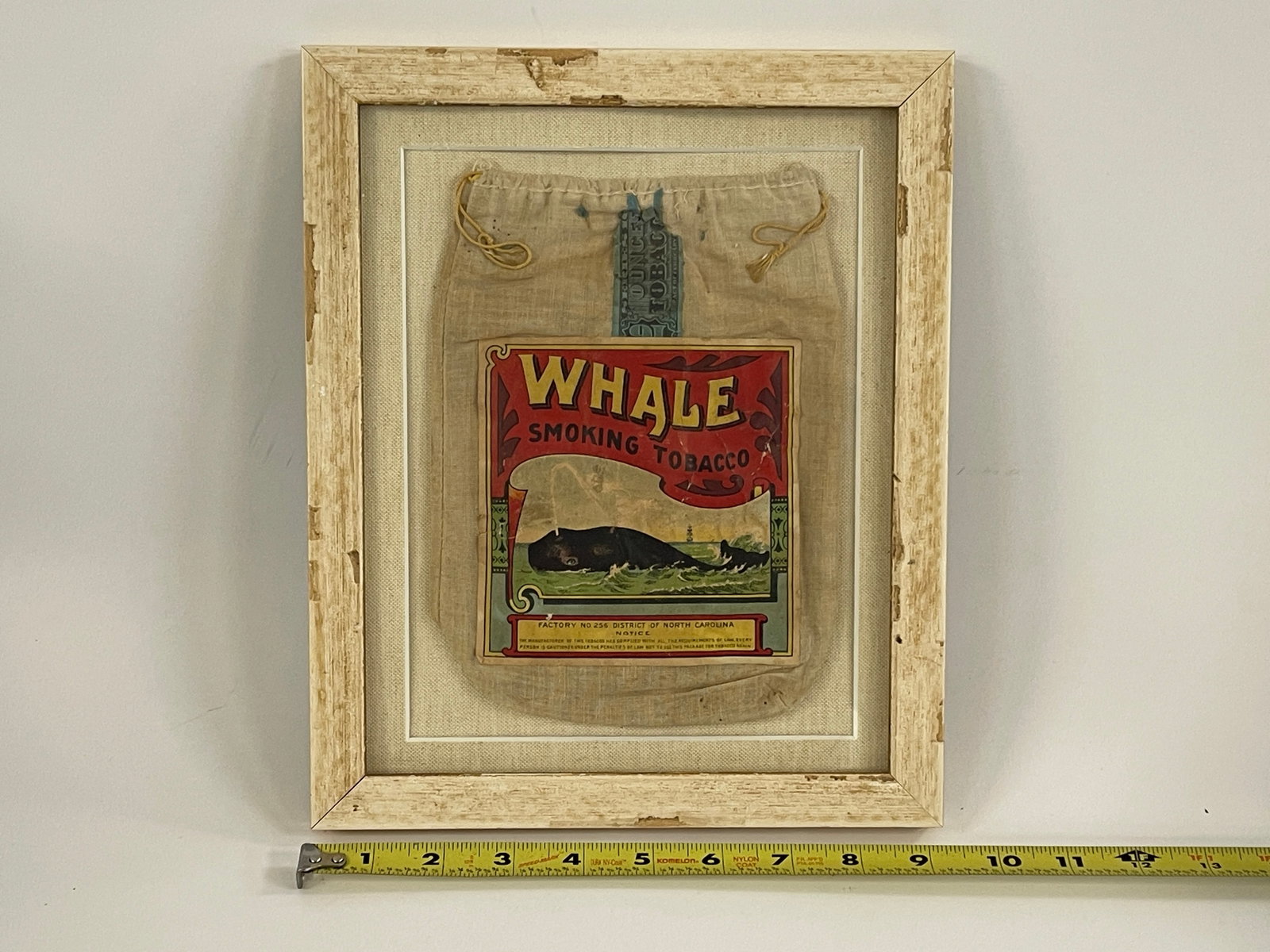 WHALE TOBACCO POUCH: WHALE TOBACCO POUCH LATE 19TH C, LINEN, FRAMED, EXCELLENT CONDITION.