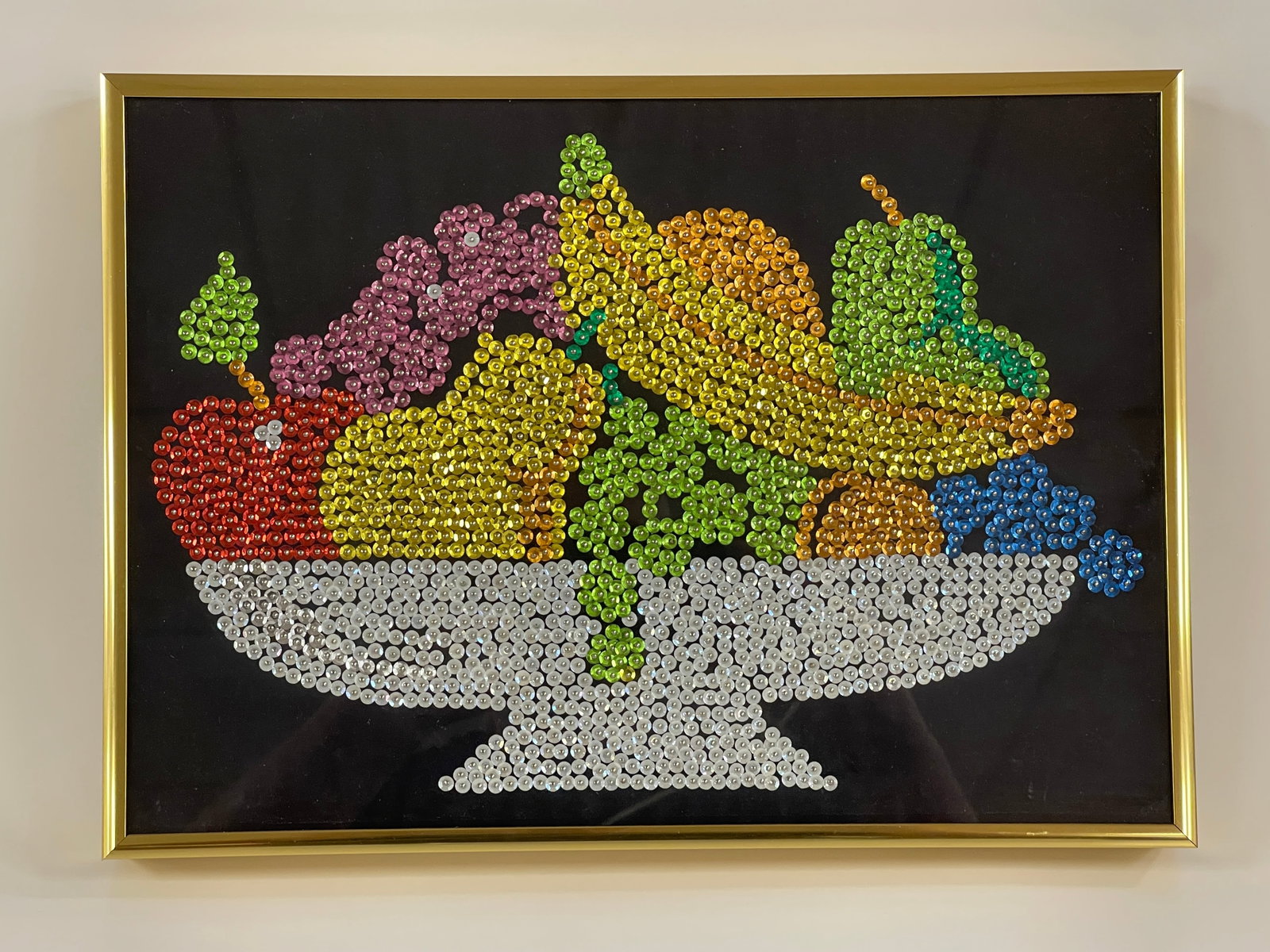 BEADWORK FRUIT COMPOTE: BEADWORK FRUIT COMPOTE 19TH C, ON VELVET, FRAMED, EXCELLENT CONDITION.