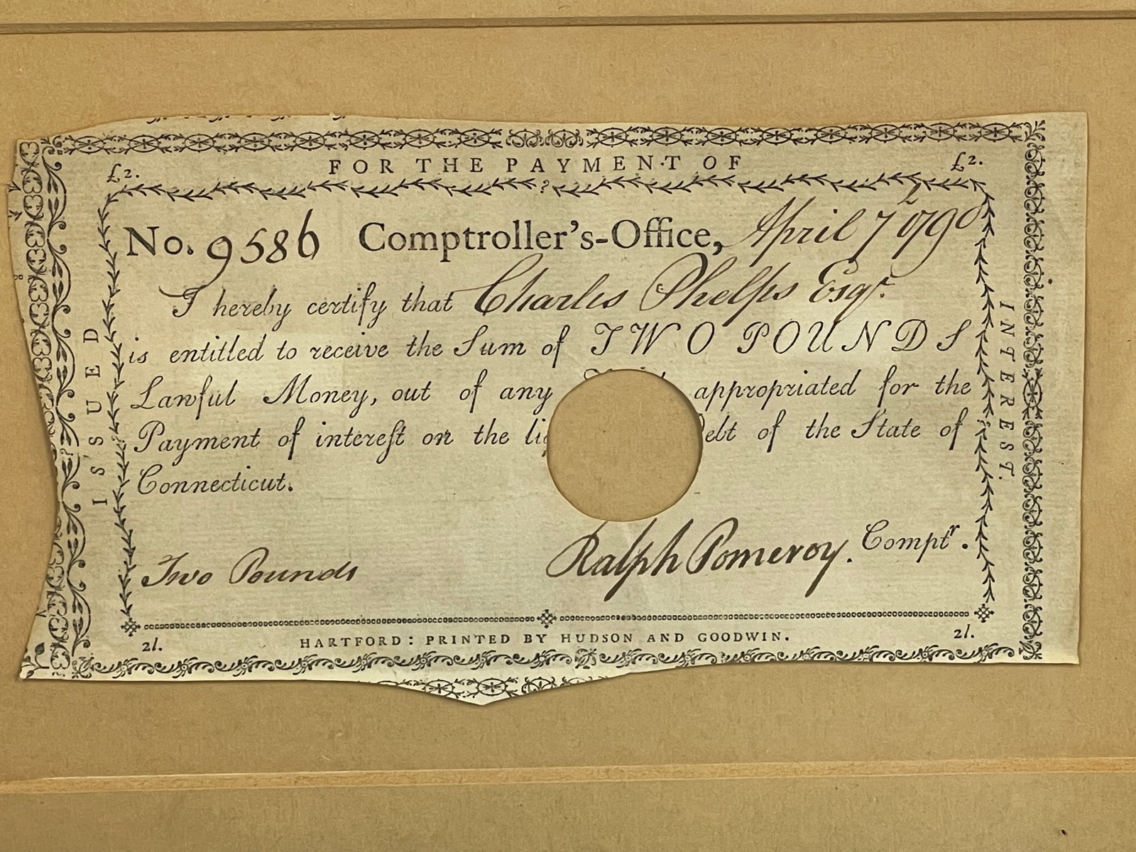 APRIL 7, 1790 RECEIPT: APRIL 7, 1790 RECEIPT HARTFORD, CT MARKED, FRAMED, EXCELLENT CONDITION.