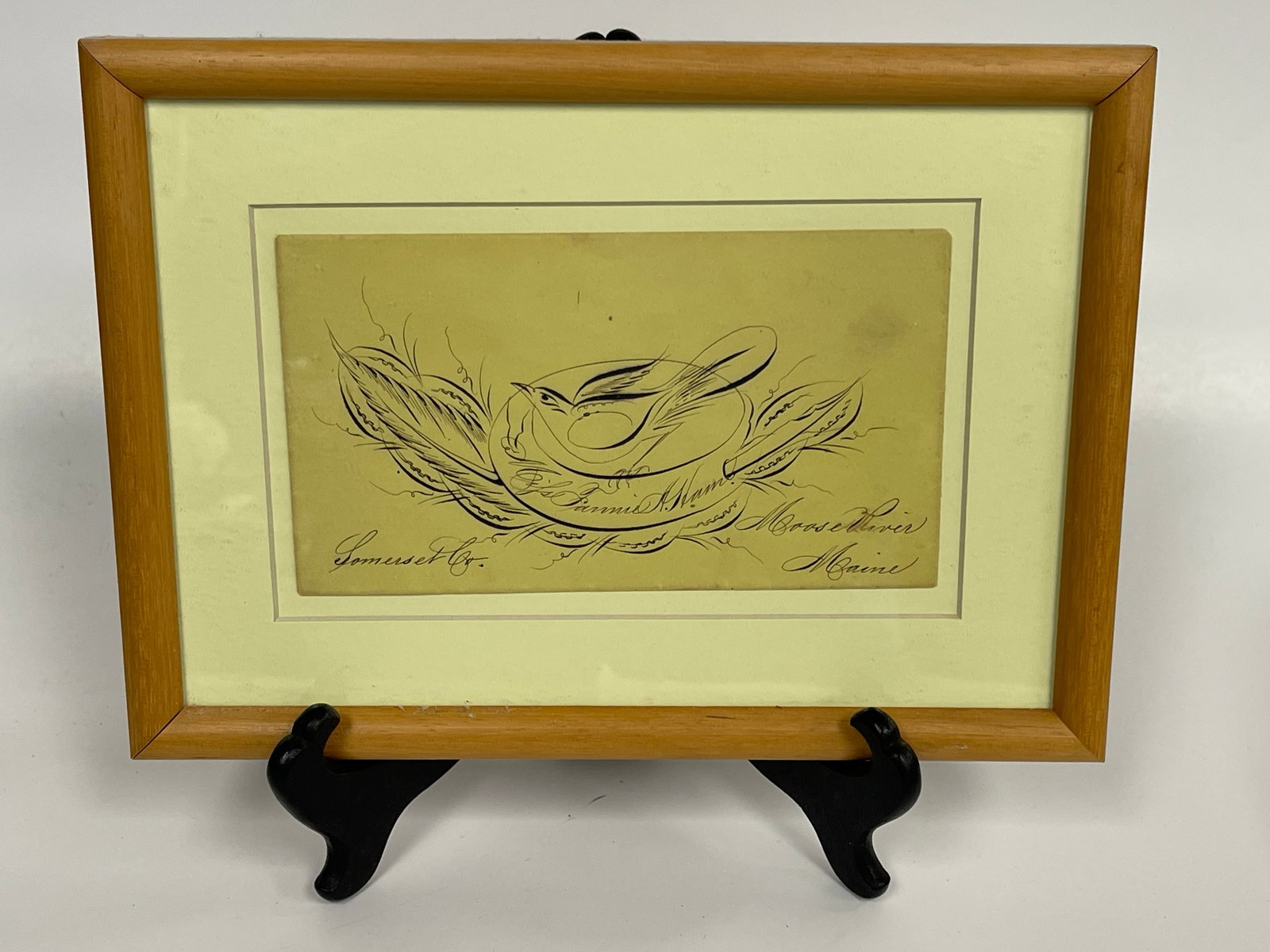 EAGLE CALLIGRAPHY DRAWING: EAGLE CALLIGRAPHY DRAWING 19TH C, PEN & INK ON PAPER, MOOSE RIVER, MAINE, FRAMED, EXCELLENT CONDITION.