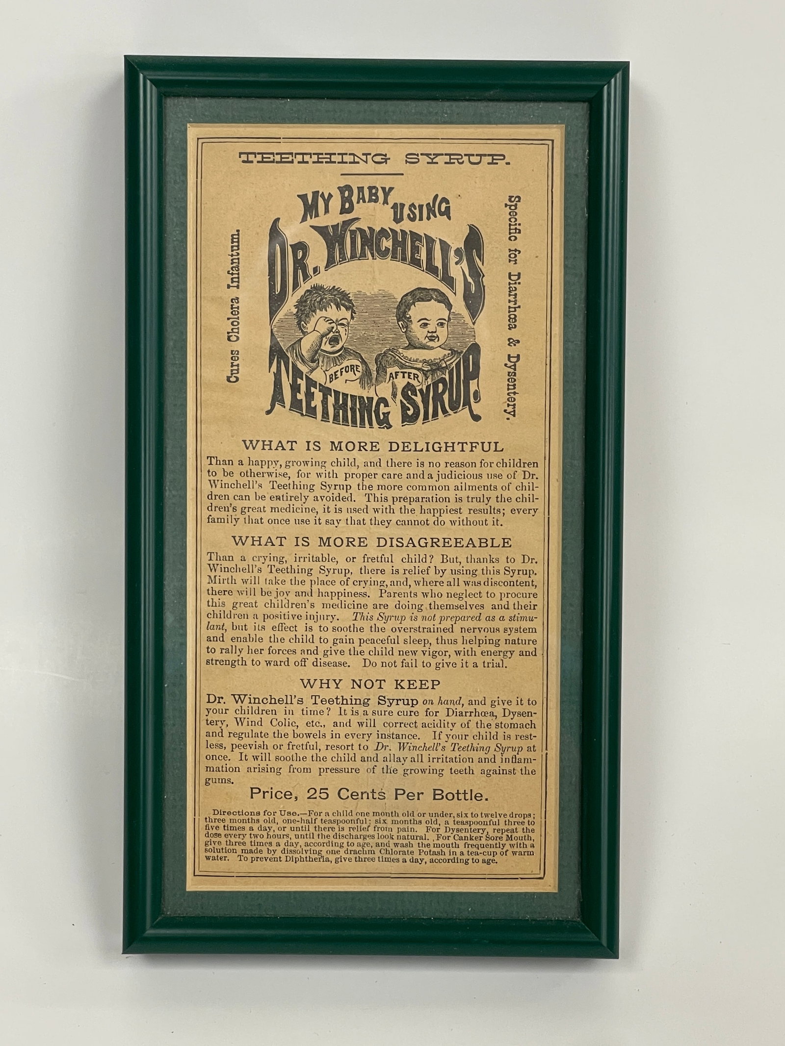TEETHING SYRUP BROADSIDE: TEETHING SYRUP BROADSIDE 19TH C, FRAMED, EXCELLENT CONDITION.