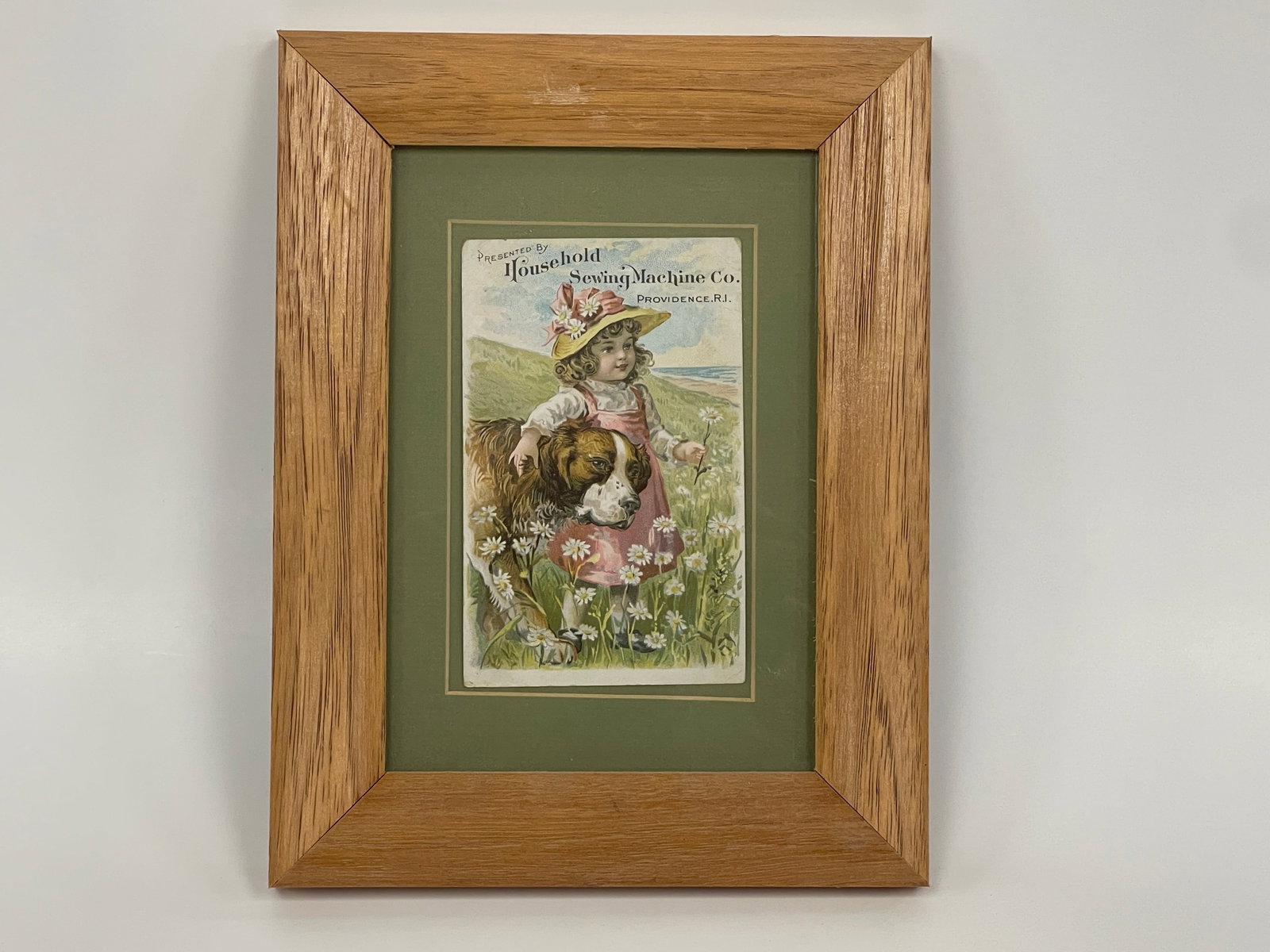 HOUSEHOLD SEWING MACHINE CO TRADE CARD: HOUSEHOLD SEWING MACHINE CO TRADE CARD PROVIDENCE, RI, 19TH C, FRAMED, EXCELLENT CONDITION.