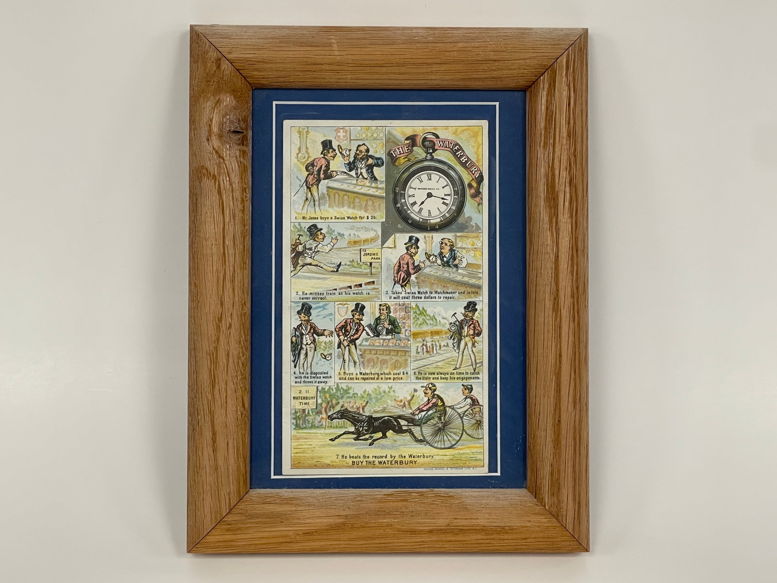WATERBURY POCKET WATCH TRADE CARD: WATERBURY POCKET WATCH TRADE CARD WATERBURY, CT, 19TH C, FRAMED, EXCELLENT CONDITION.