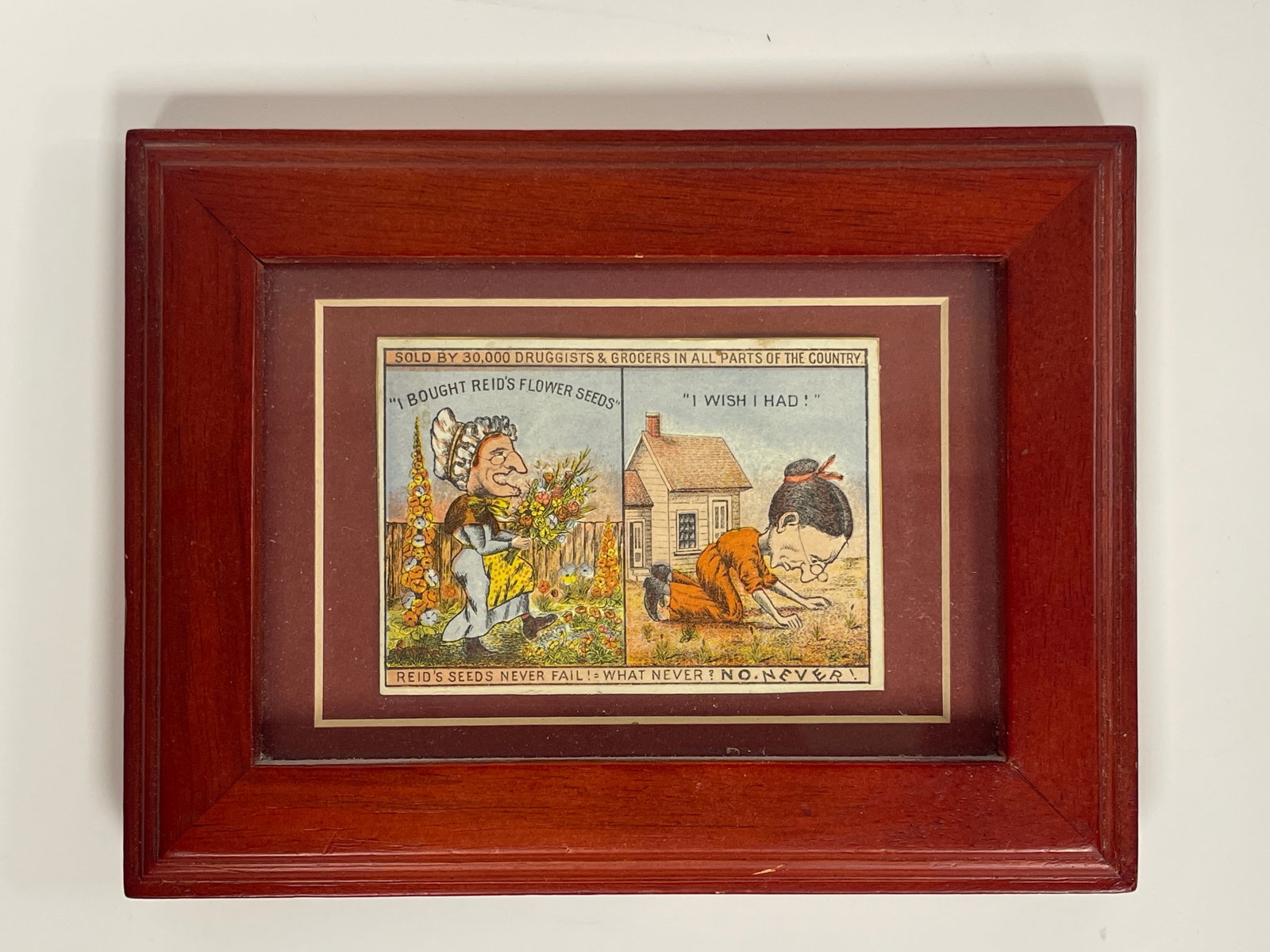 REID’S FLOWER SEEDS TRADE CARD: REID’S FLOWER SEEDS TRADE CARD 19TH C, FRAMED, EXCELLENT CONDITION.