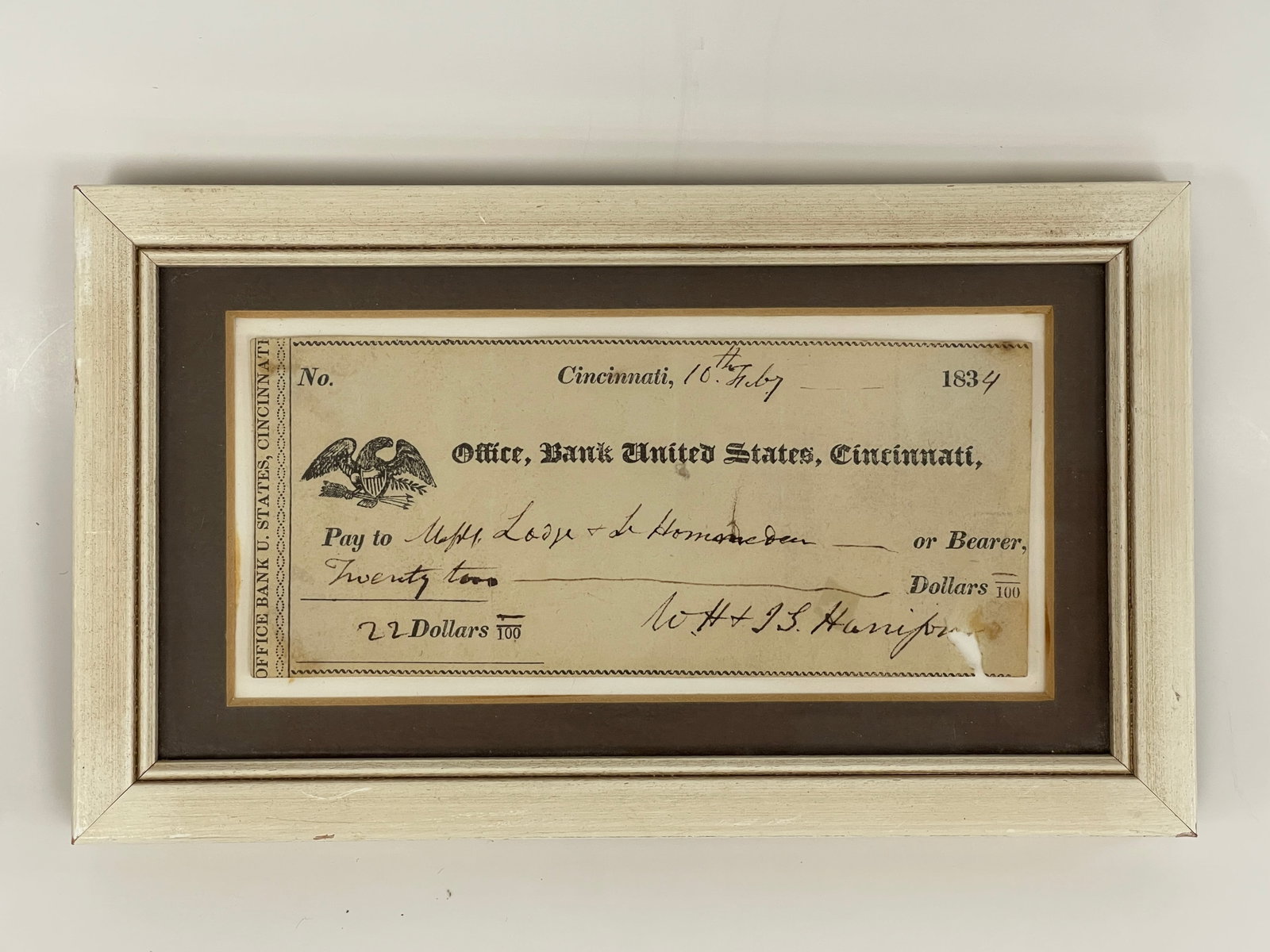 1834 CINCINNATI BANK NOTE: 1834 CINCINNATI BANKNOTE FRAMED, EXCELLENT CONDITION.