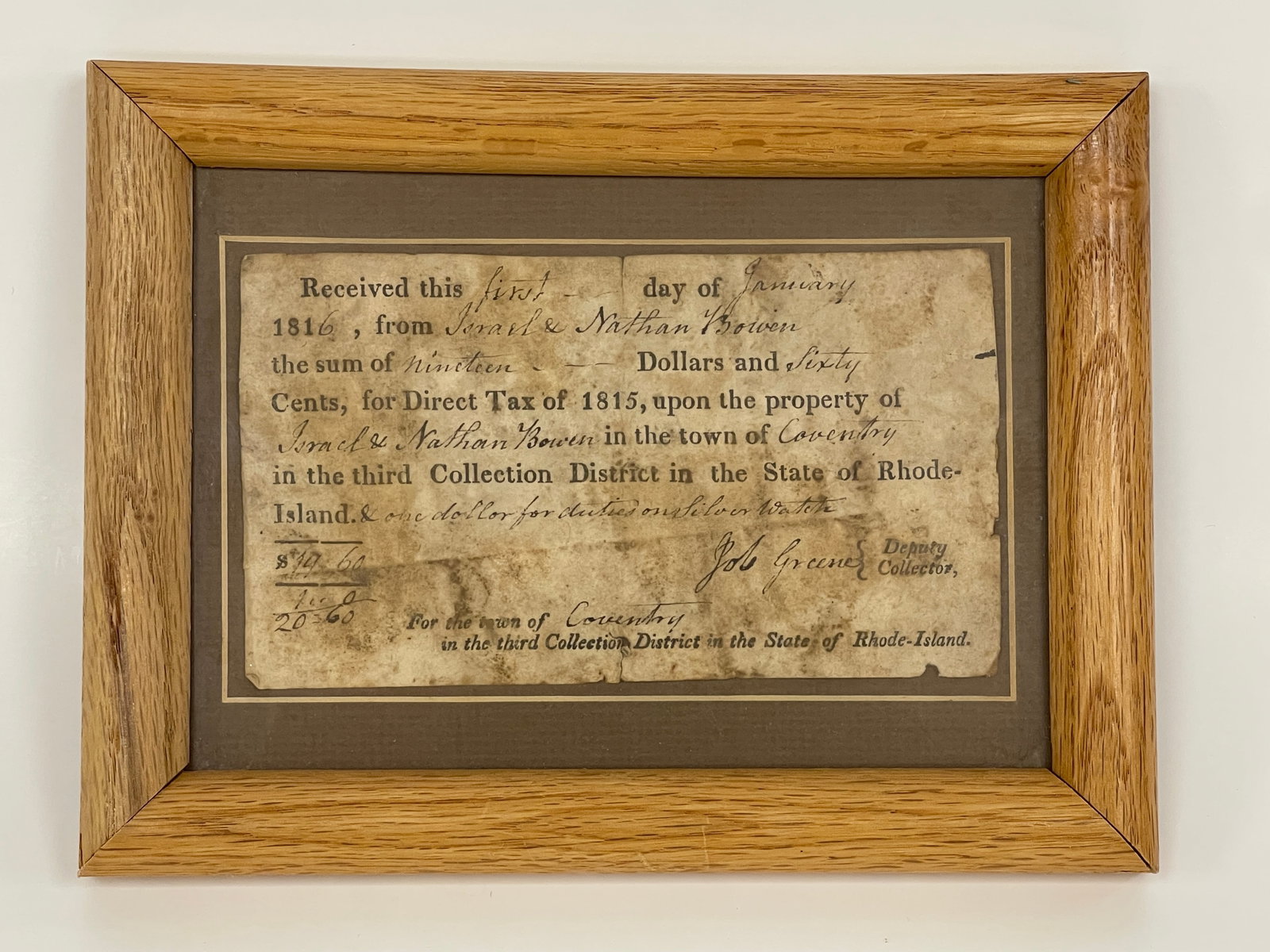 1815 COVENTRY, RI PROPERTY TAX RECEIPT: 1815 COVENTRY, RI PROPERTY TAX RECEIPT FRAMED, PAPER FOXING, GOOD CONDITION.